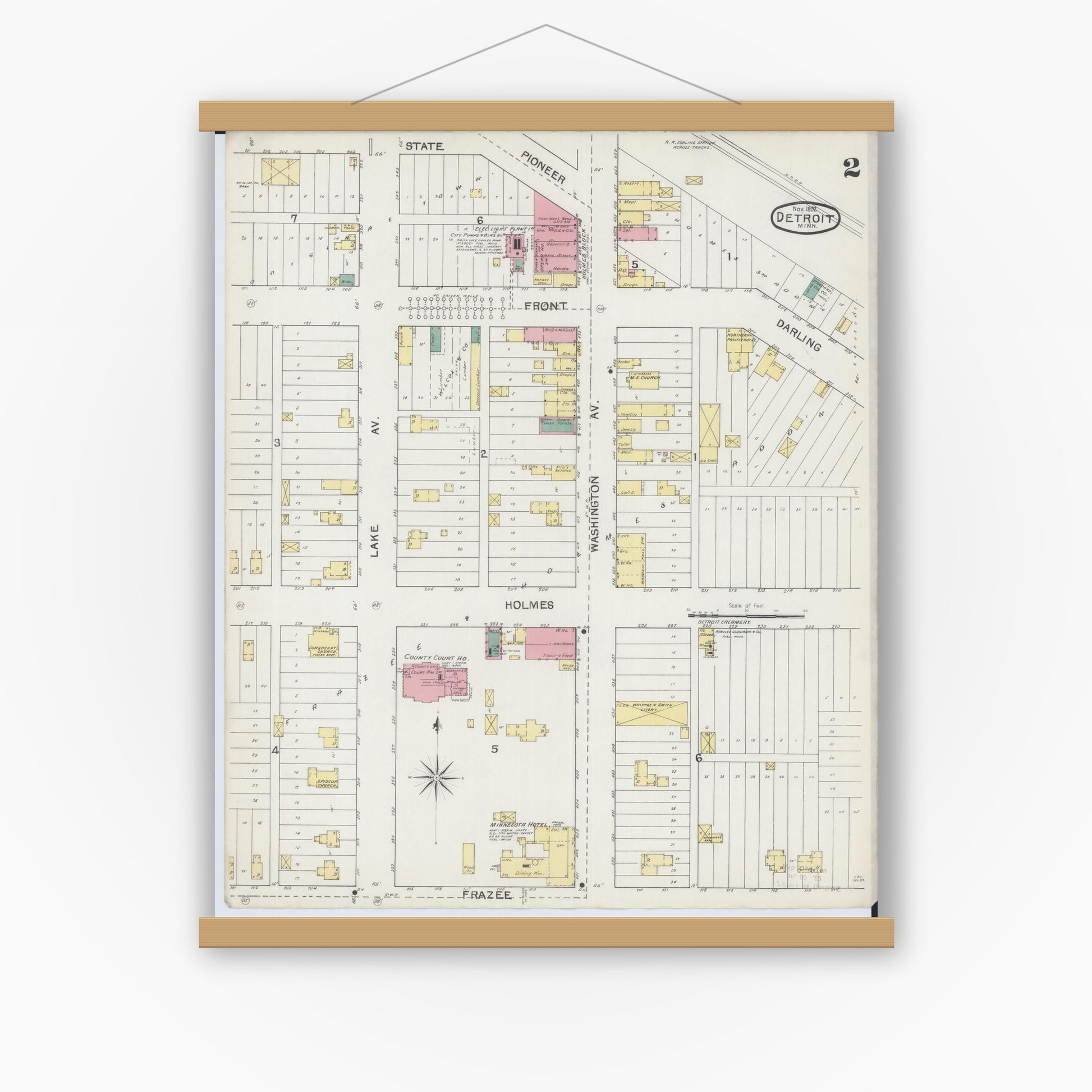 Old map wall art mockup — magnetic wood frame on white wall — Sanborn Fire Insurance Map from Detroit Lakes, Becker County, Minnesota (1892), Sheet #0002