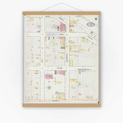 Old map wall art mockup — magnetic wood frame on white wall — Sanborn Fire Insurance Map from Detroit Lakes, Becker County, Minnesota (1892), Sheet #0002
