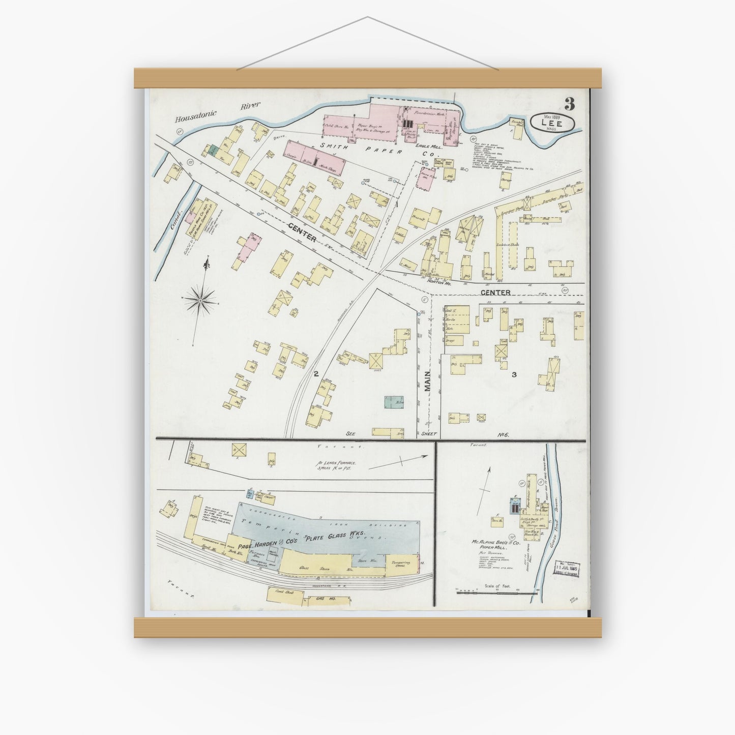 Old map wall art mockup — magnetic wood frame on white wall — Sanborn Fire Insurance Map from Lee, Berkshire County, Massachusetts (1889), Sheet #0003