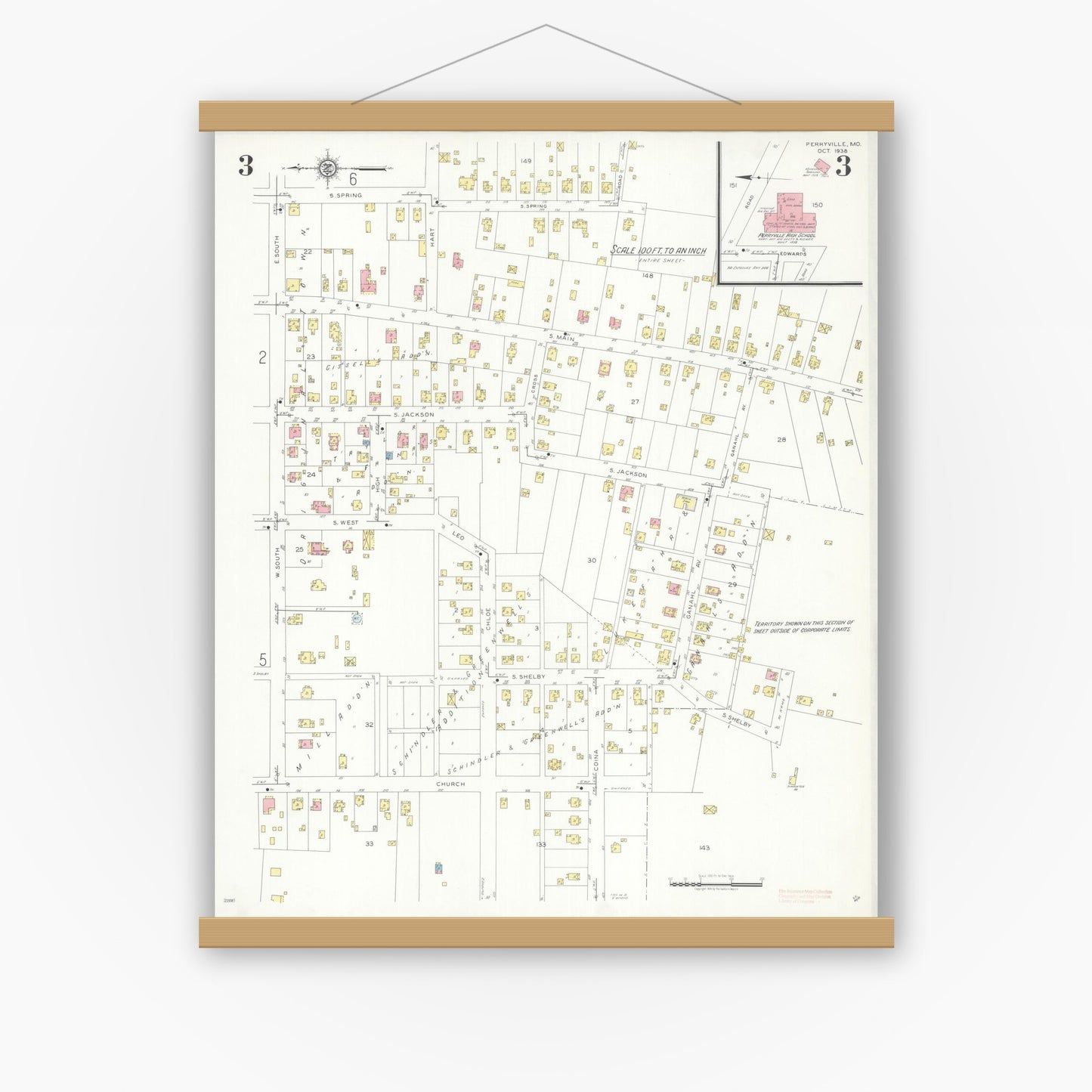 Old map wall art mockup — magnetic wood frame on white wall — Sanborn Fire Insurance Map from Perryville, Perry County, Missouri (1938), Sheet #0003