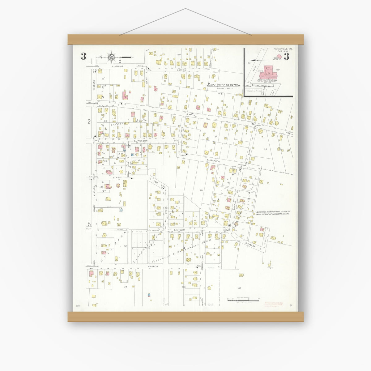 Old map wall art mockup — magnetic wood frame on white wall — Sanborn Fire Insurance Map from Perryville, Perry County, Missouri (1938), Sheet #0003