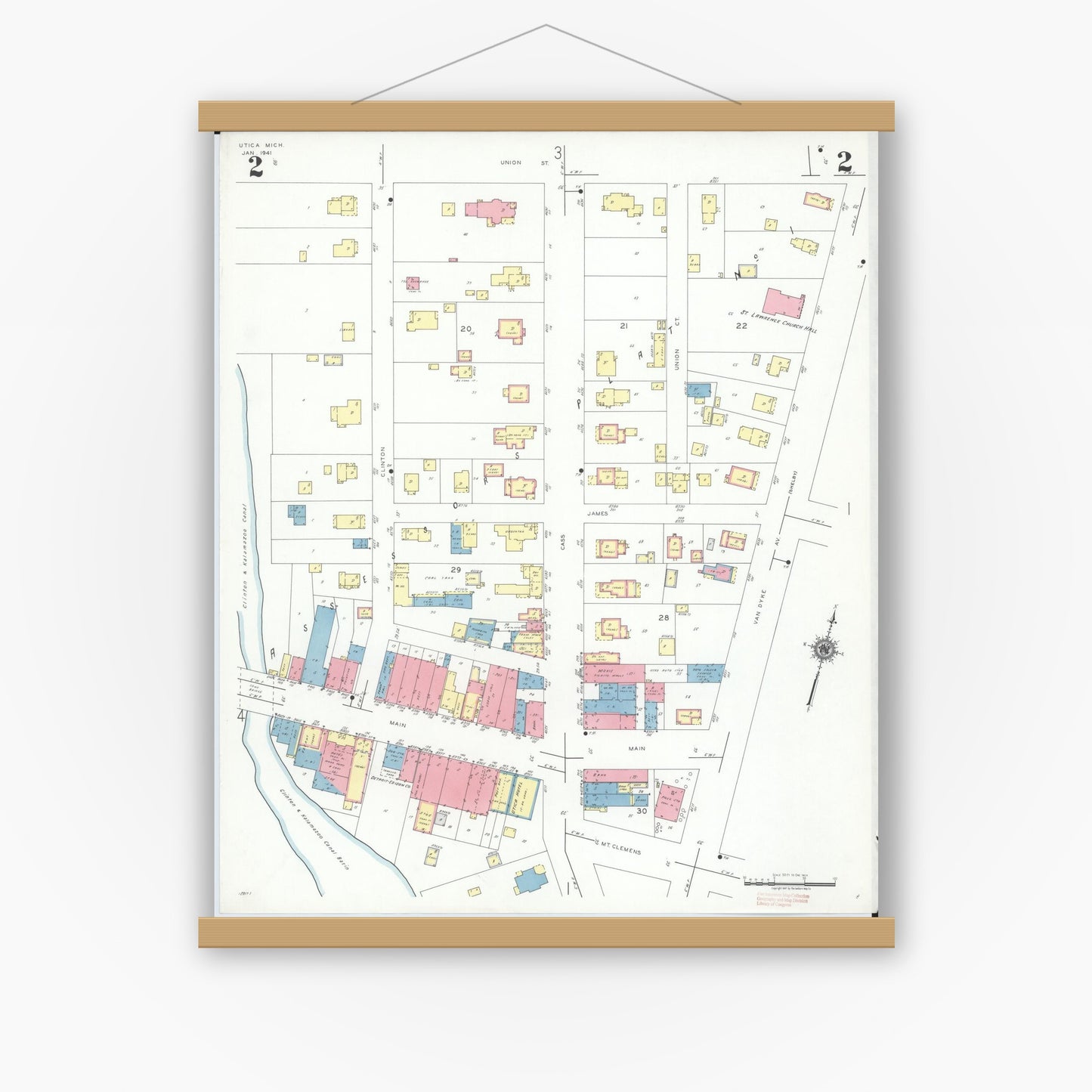 Old map wall art mockup — magnetic wood frame on white wall — Sanborn Fire Insurance Map from Utica, Macomb County, Michigan (1941), Sheet #0002
