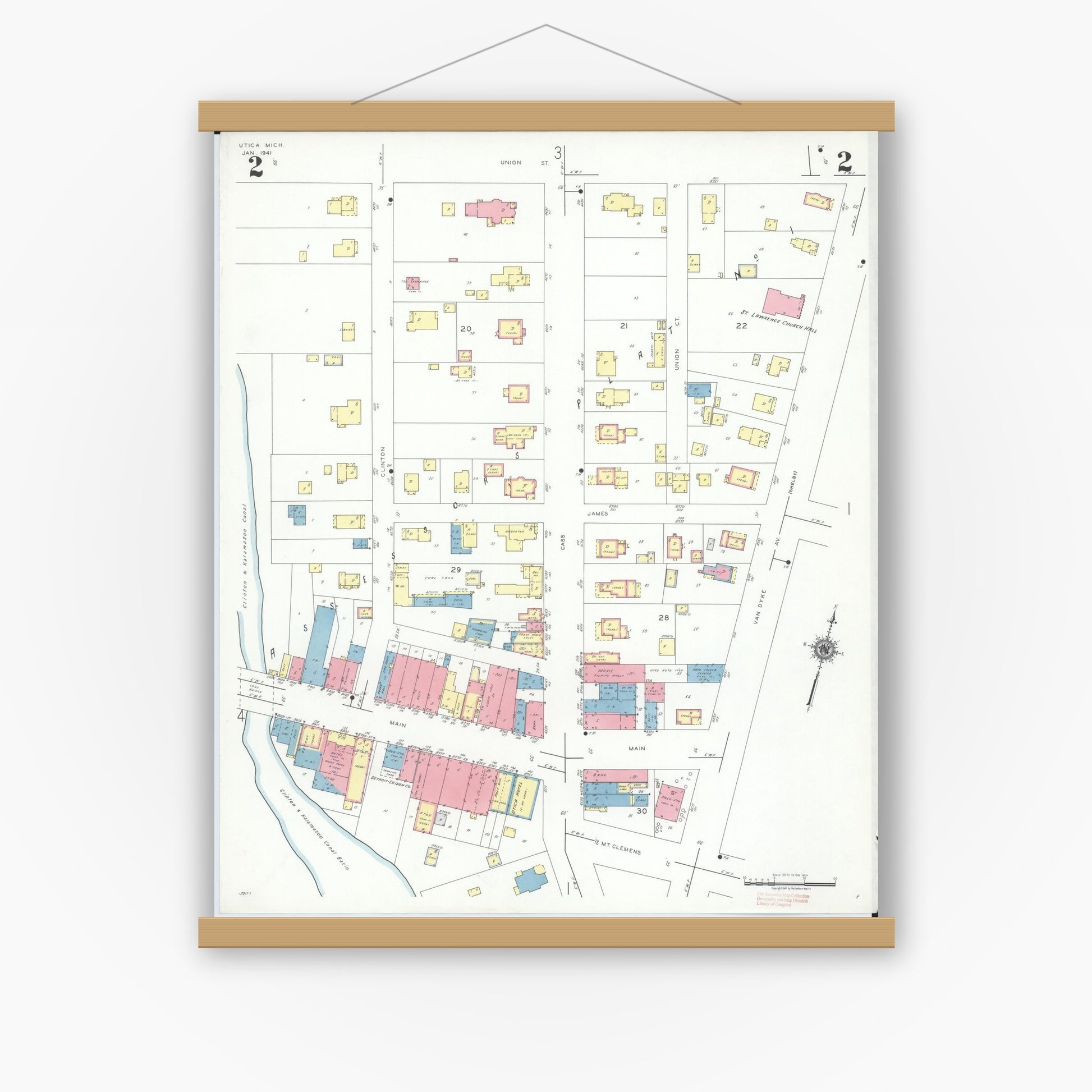 Old map wall art mockup — magnetic wood frame on white wall — Sanborn Fire Insurance Map from Utica, Macomb County, Michigan (1941), Sheet #0002