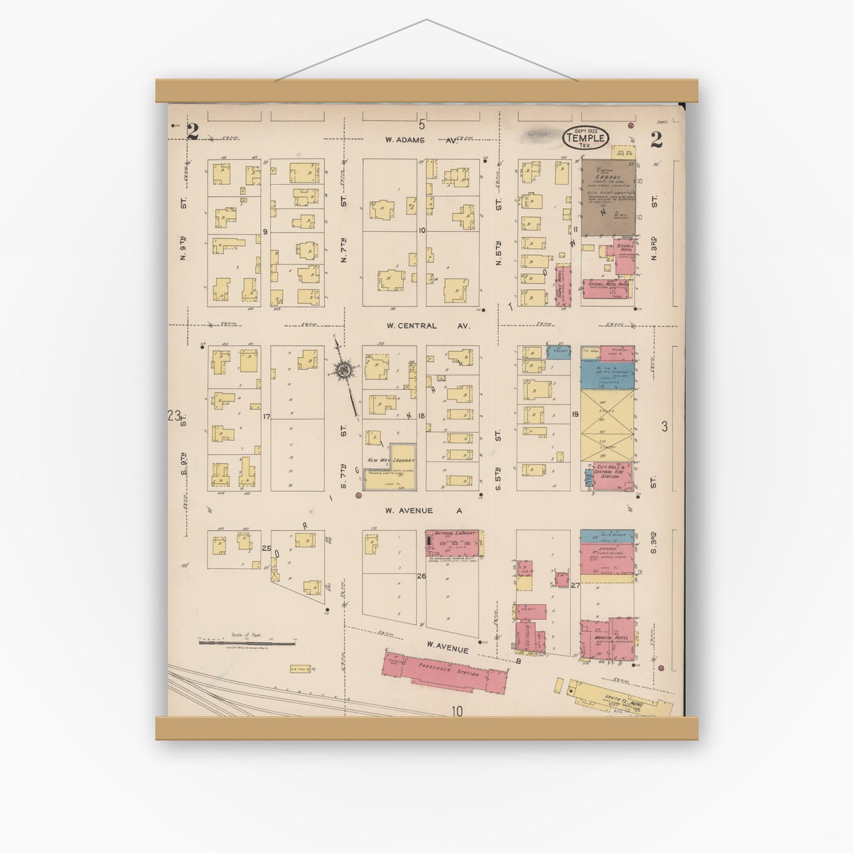 Old map wall art mockup — magnetic wood frame on white wall — Sanborn Fire Insurance Map from Temple, Bell County, Texas (1922), Sheet #0002