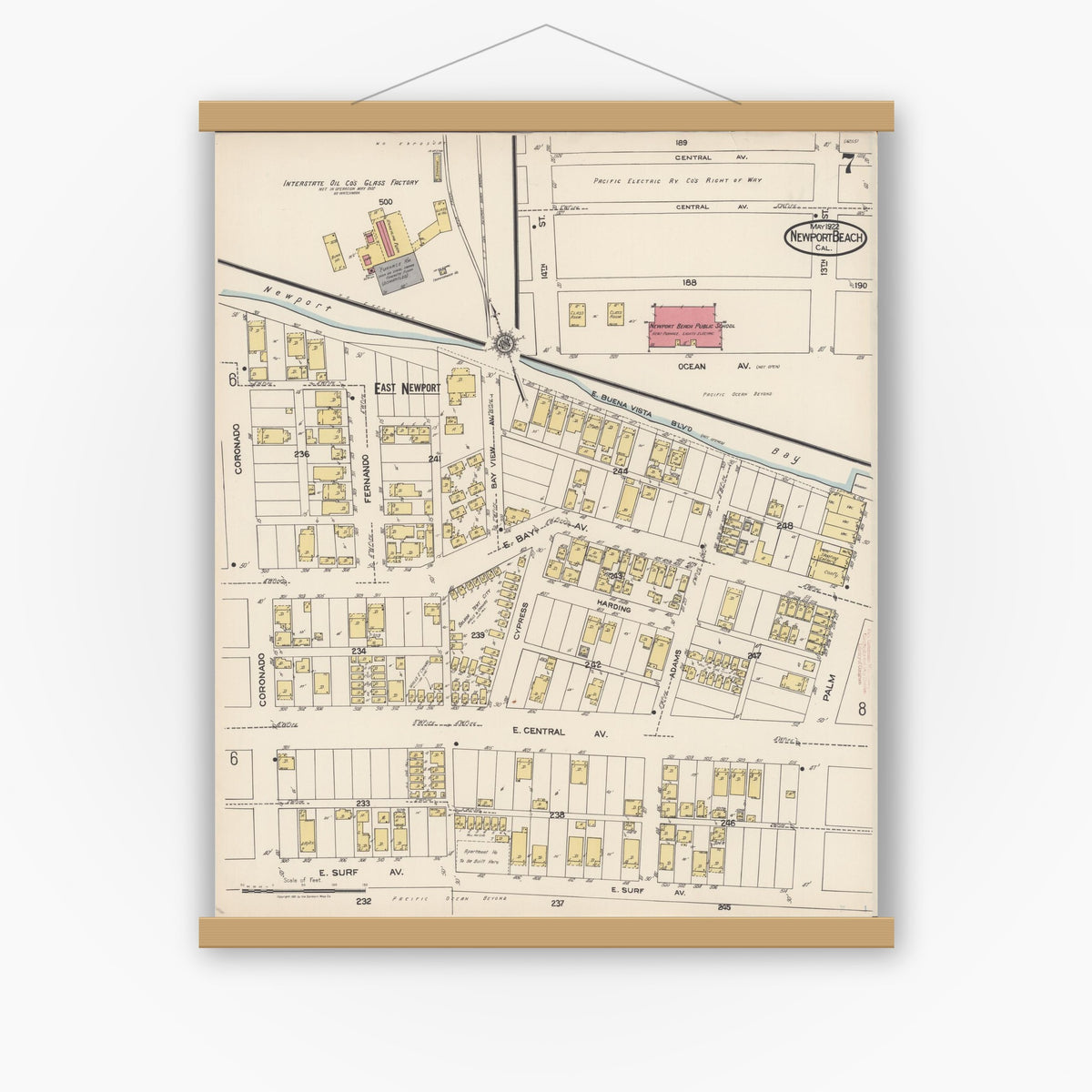 Old map wall art mockup — magnetic wood frame on white wall — Sanborn Fire Insurance Map from Newport Beach, Orange County, California (1922), Sheet #0007