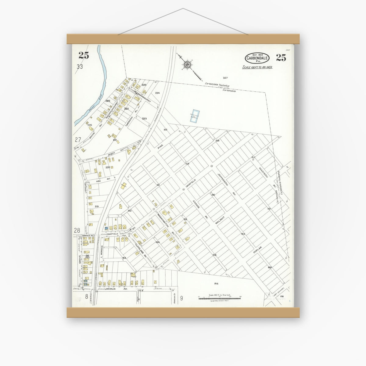 Old map wall art mockup — magnetic wood frame on white wall — Sanborn Fire Insurance Map from Carbondale, Lackawanna County, Pennsylvania (1923), Sheet #0025