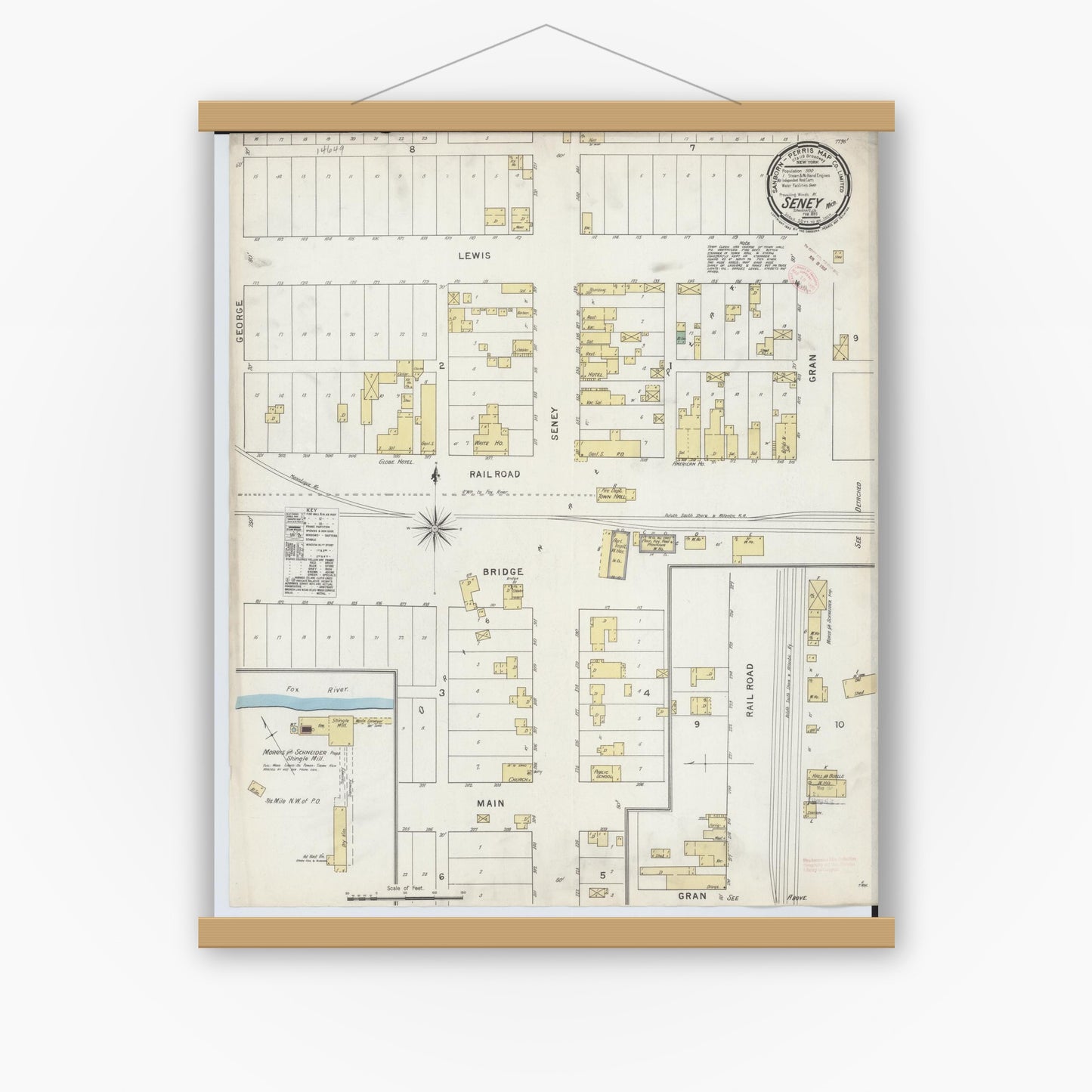 Old map wall art mockup — magnetic wood frame on white wall — Sanborn Fire Insurance Map from Seney, Schoolcraft County, Michigan (1895), Sheet #0001