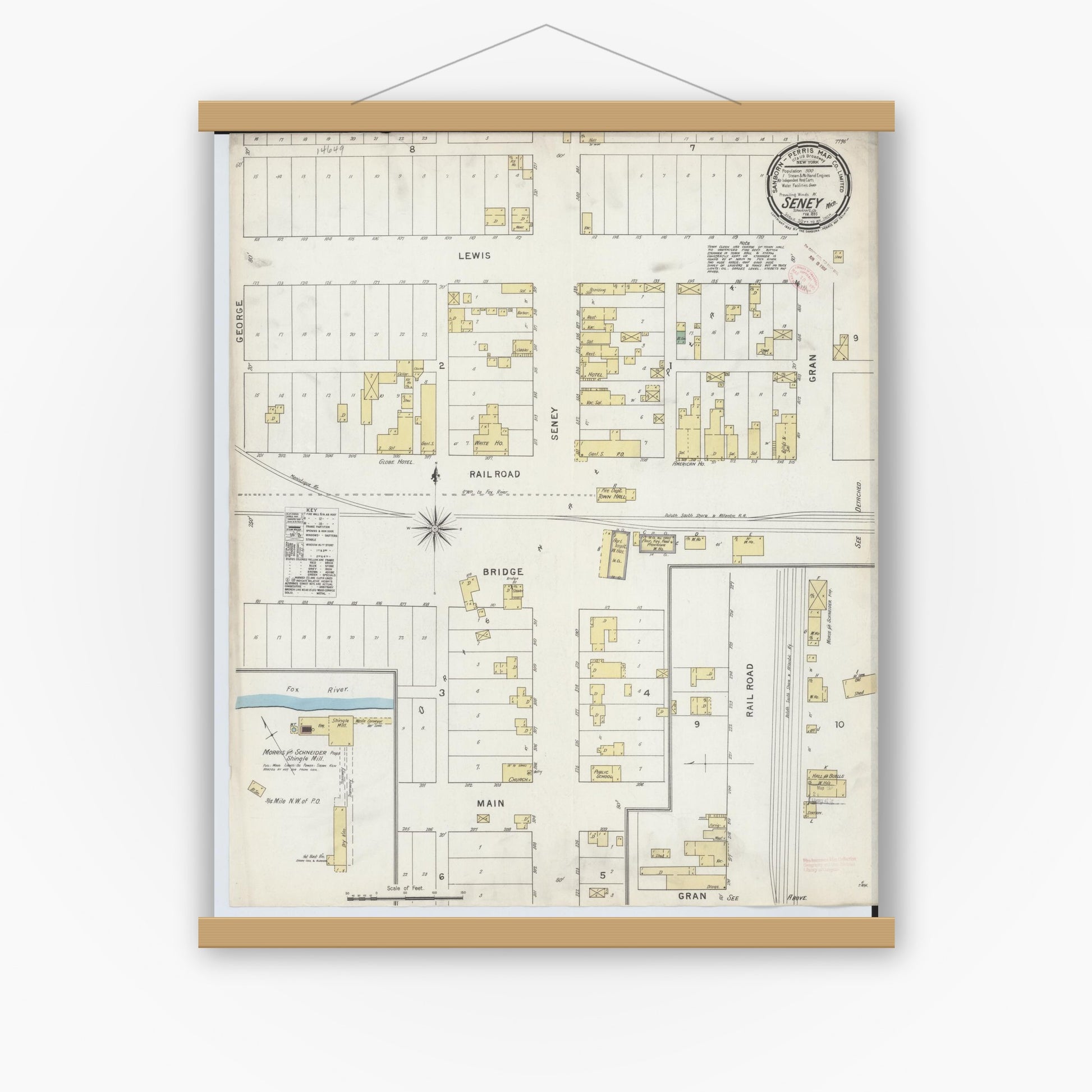 Old map wall art mockup — magnetic wood frame on white wall — Sanborn Fire Insurance Map from Seney, Schoolcraft County, Michigan (1895), Sheet #0001