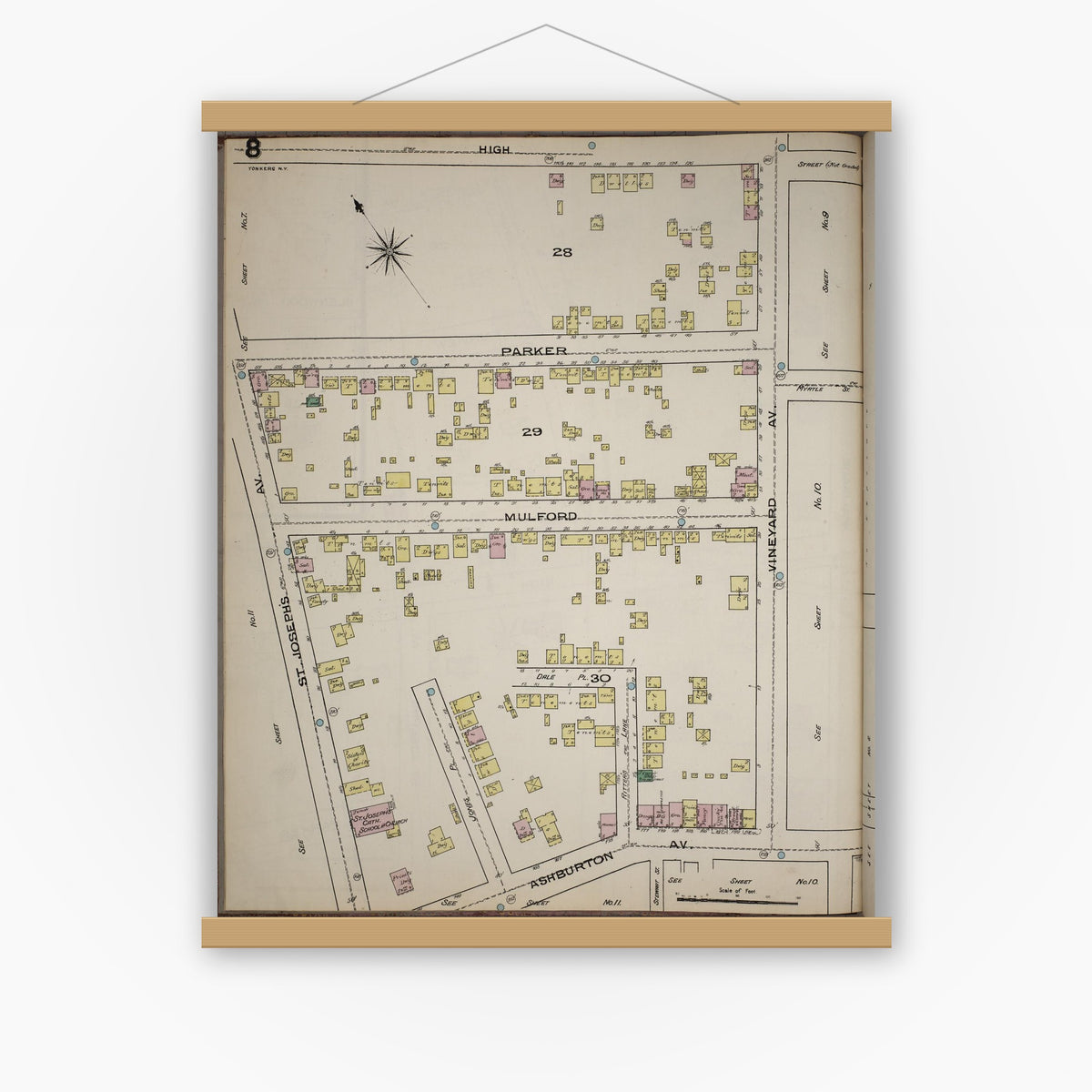 Old map wall art mockup — magnetic wood frame on white wall — Sanborn Fire Insurance Map from Yonkers, Westchester County, New York (1886), Sheet #0008
