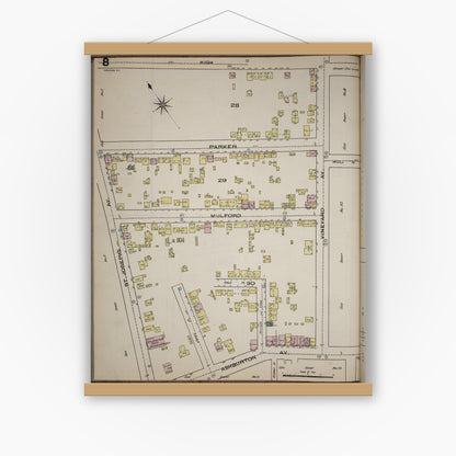Old map wall art mockup — magnetic wood frame on white wall — Sanborn Fire Insurance Map from Yonkers, Westchester County, New York (1886), Sheet #0008