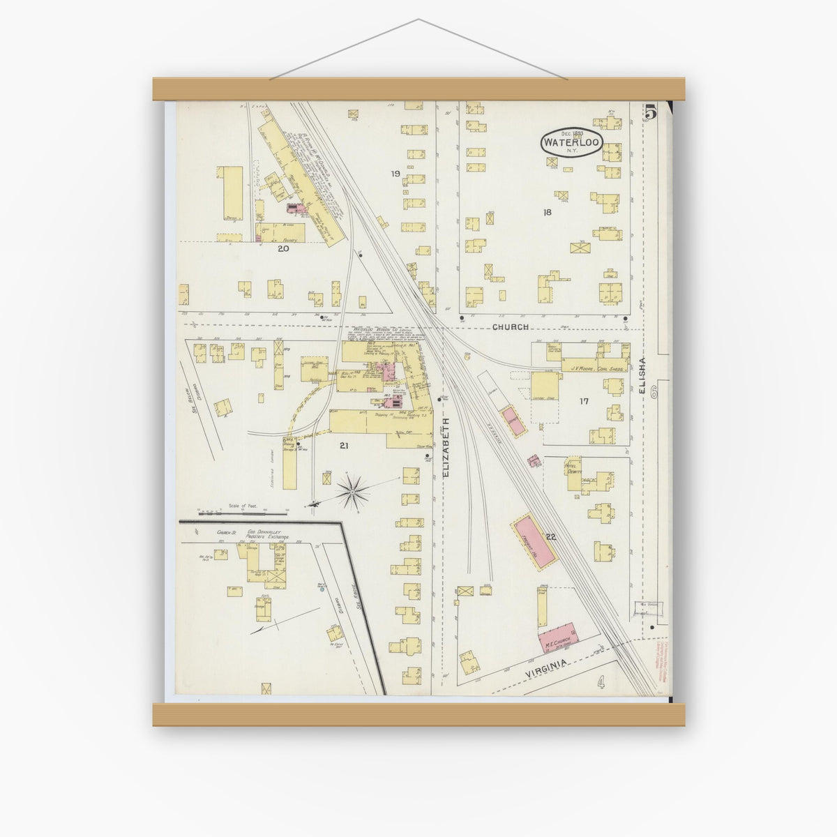 Old map wall art mockup — magnetic wood frame on white wall — Sanborn Fire Insurance Map from Waterloo, Seneca County, New York (1893), Sheet #0005