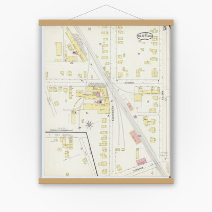 Old map wall art mockup — magnetic wood frame on white wall — Sanborn Fire Insurance Map from Waterloo, Seneca County, New York (1893), Sheet #0005