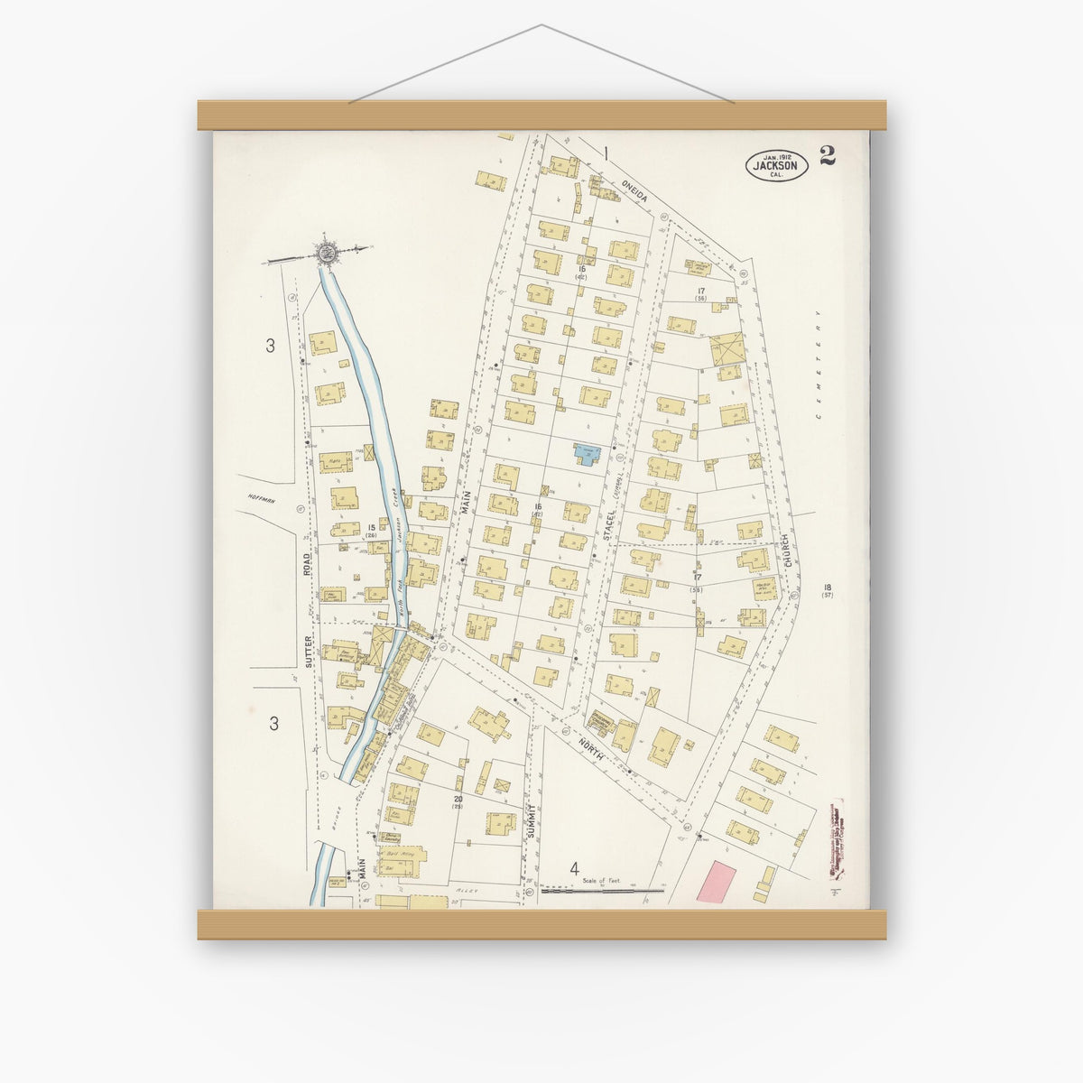 Old map wall art mockup — magnetic wood frame on white wall — Sanborn Fire Insurance Map from Jackson, Amador County, California (1912), Sheet #0002
