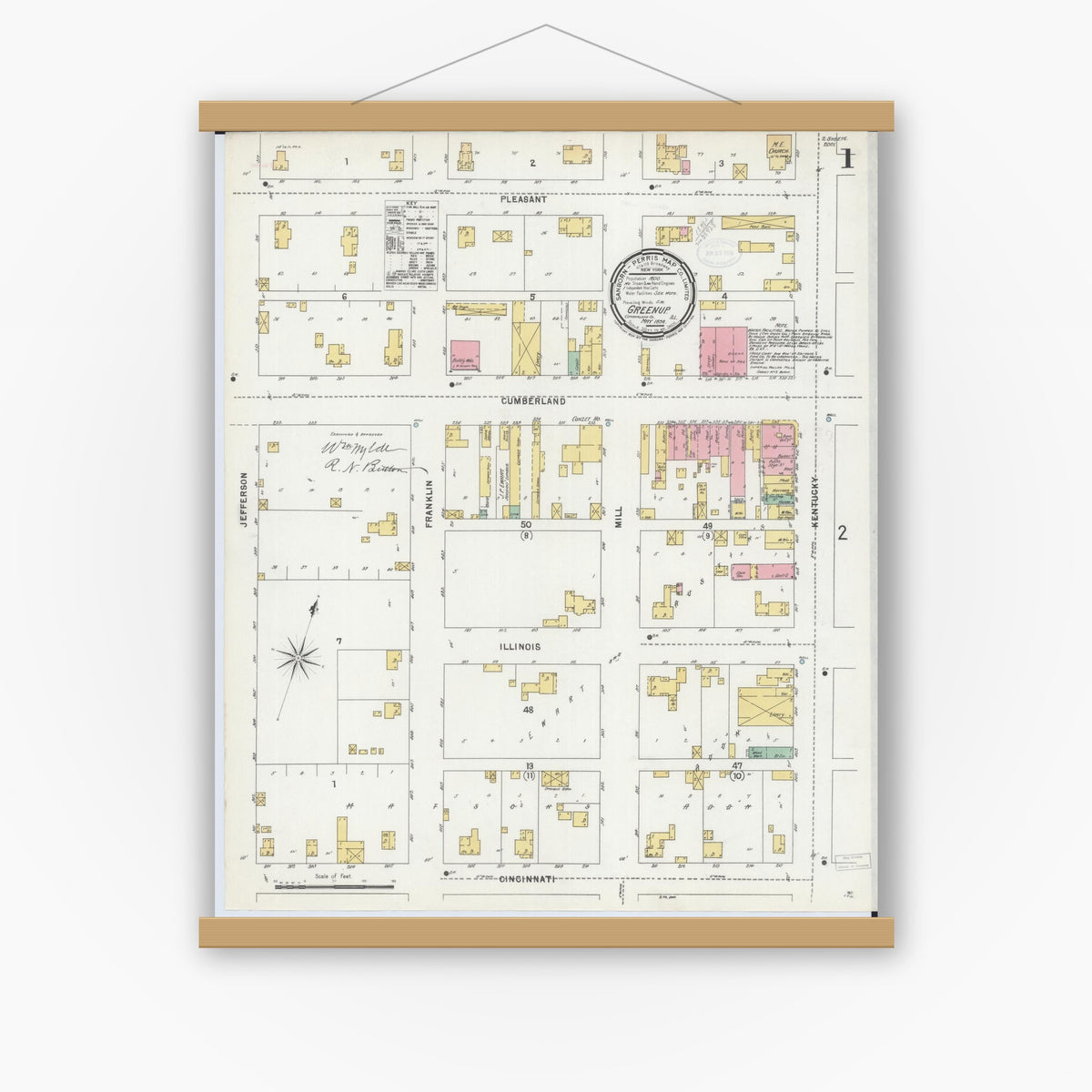 Old map wall art mockup — magnetic wood frame on white wall — Sanborn Fire Insurance Map from Greenup, Cumberland County, Illinois (1898) - Complete Map Set