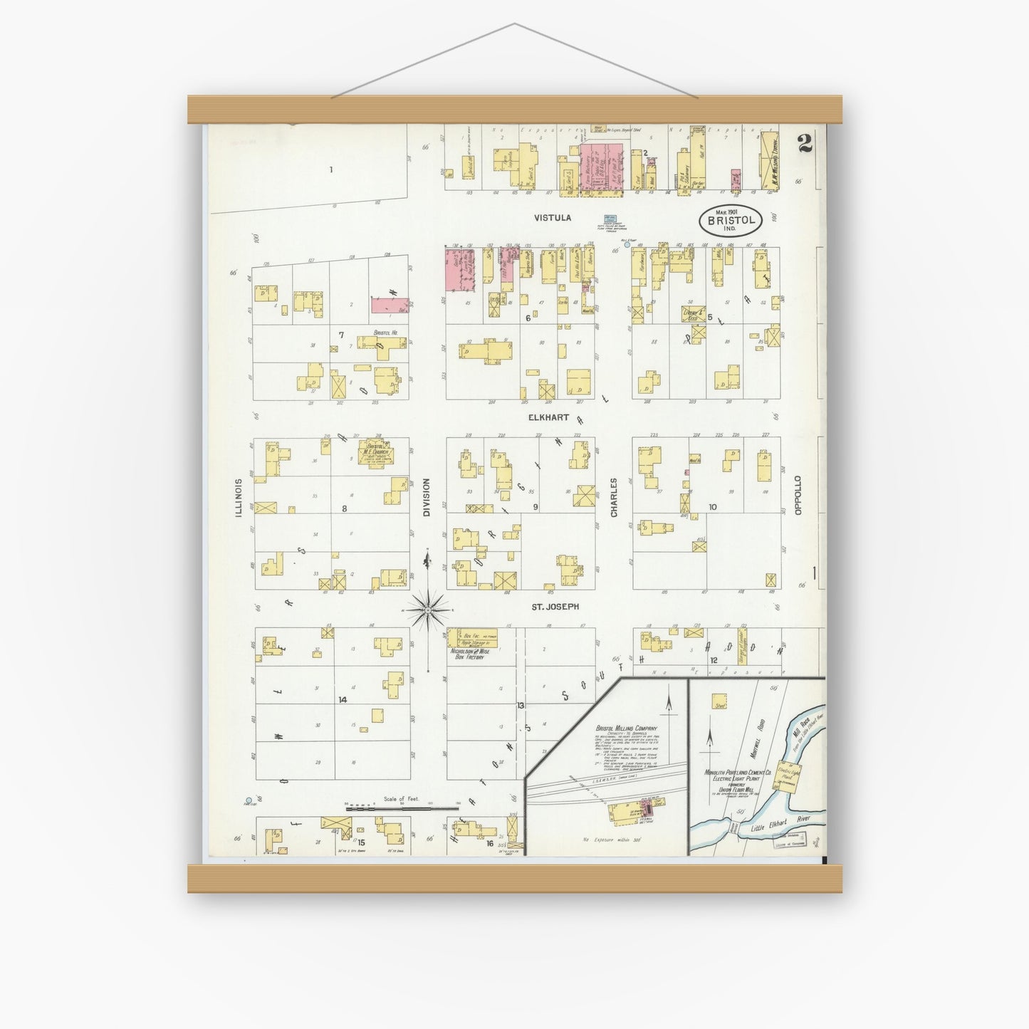 Old map wall art mockup — magnetic wood frame on white wall — Sanborn Fire Insurance Map from Bristol, Elkhart County, Indiana (1901), Sheet #0002