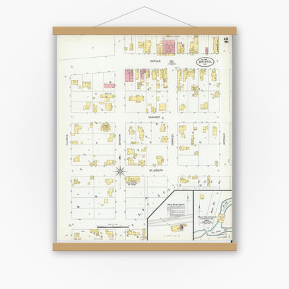 Old map wall art mockup — magnetic wood frame on white wall — Sanborn Fire Insurance Map from Bristol, Elkhart County, Indiana (1901), Sheet #0002