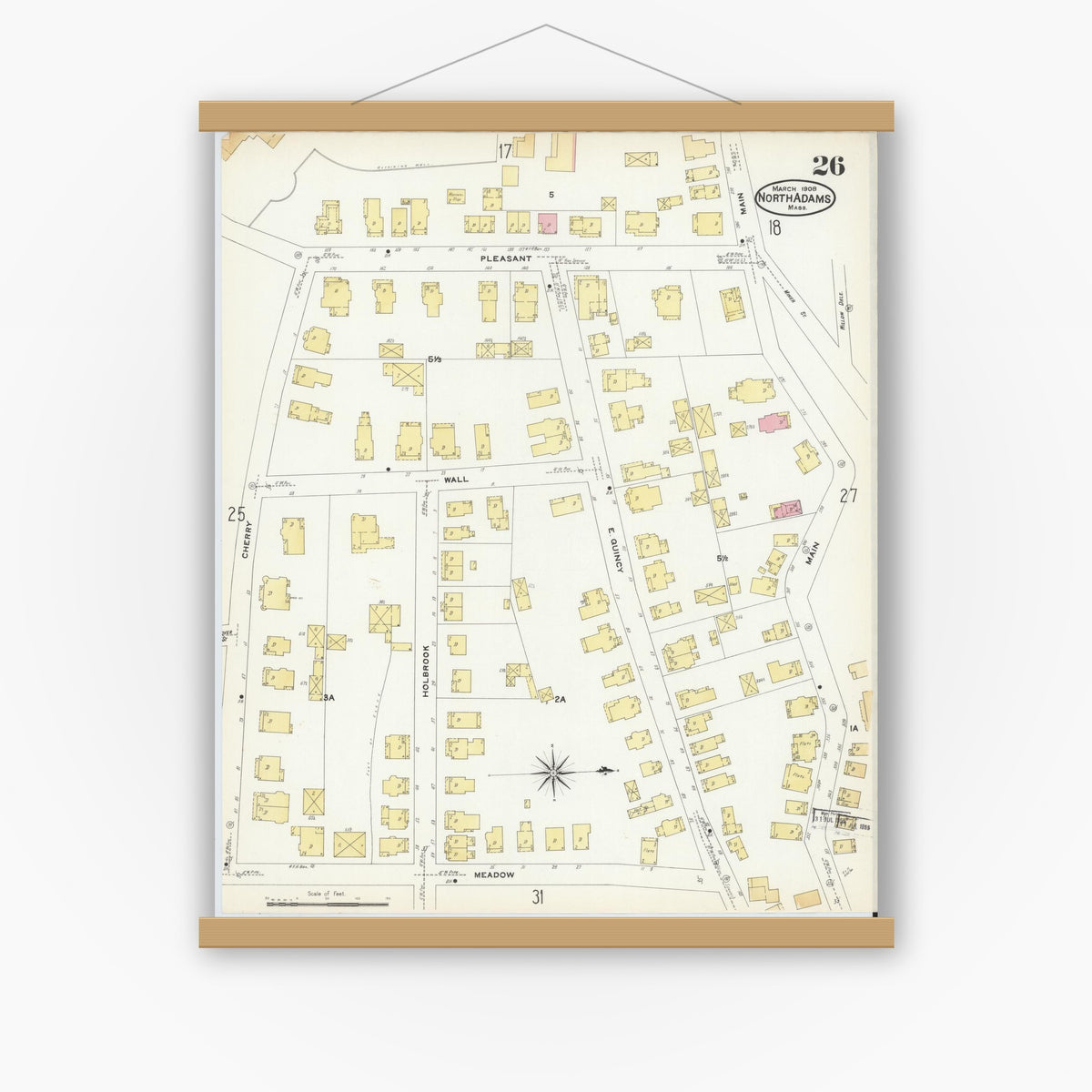 Old map wall art mockup — magnetic wood frame on white wall — Sanborn Fire Insurance Map from North Adams, Berkshire County, Massachusetts (1908), Sheet #0026