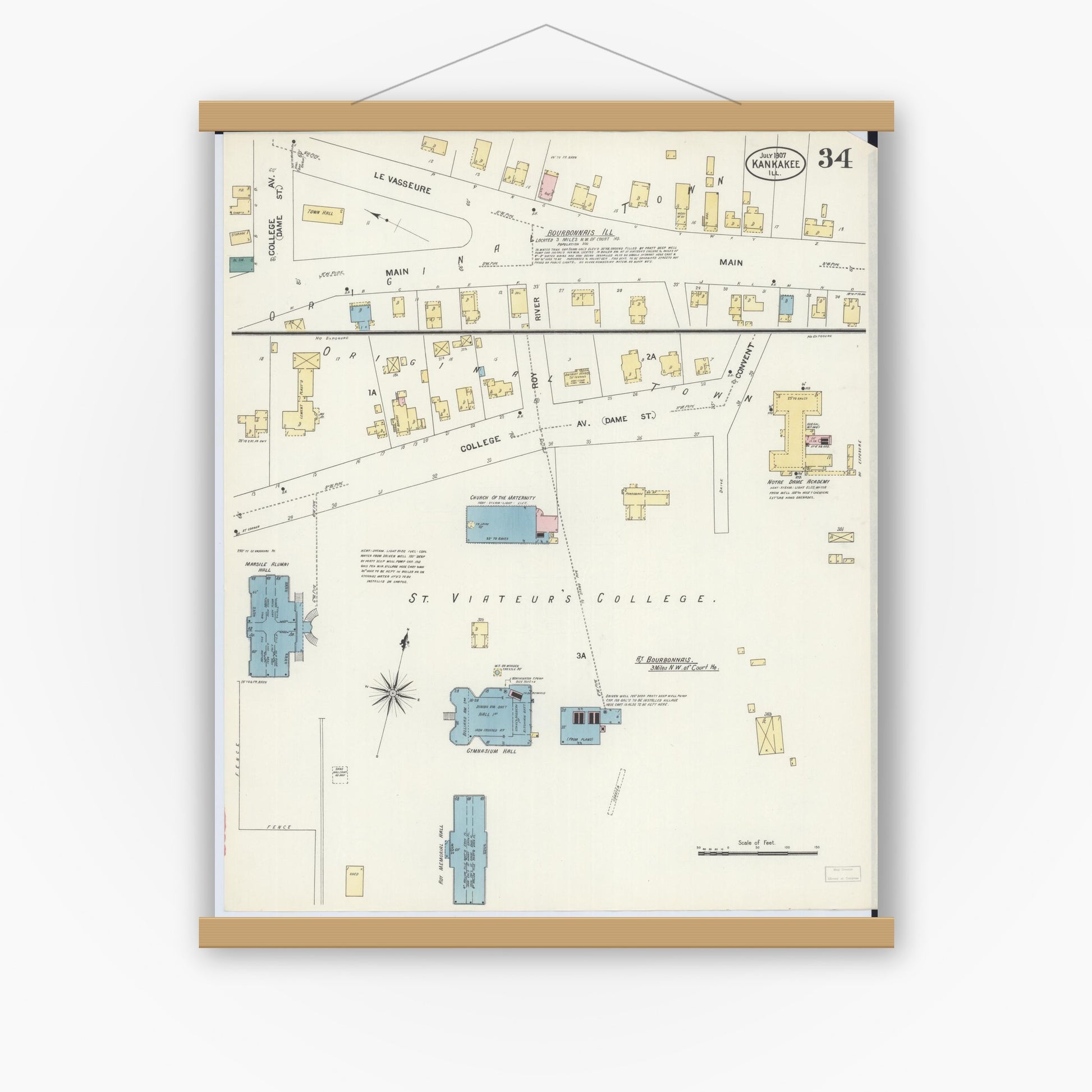 Old map wall art mockup — magnetic wood frame on white wall — Sanborn Fire Insurance Map from Kankakee, Kankakee County, Illinois (1907), Sheet #0034