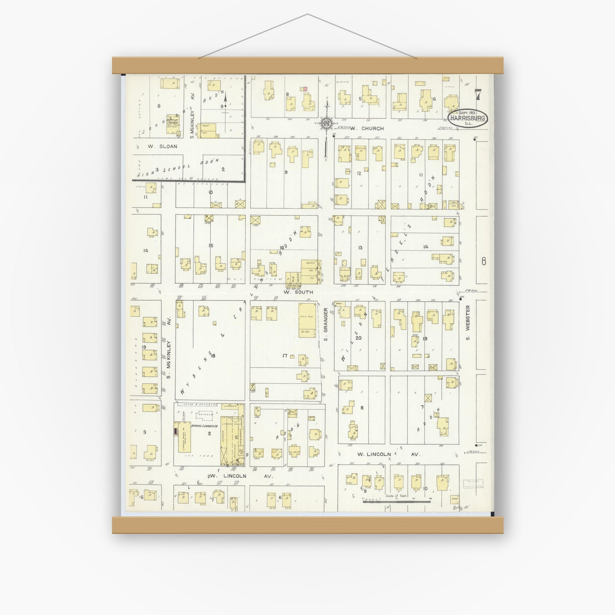 Old map wall art mockup — magnetic wood frame on white wall — Sanborn Fire Insurance Map from Harrisburg, Saline County, Illinois (1913), Sheet #0007