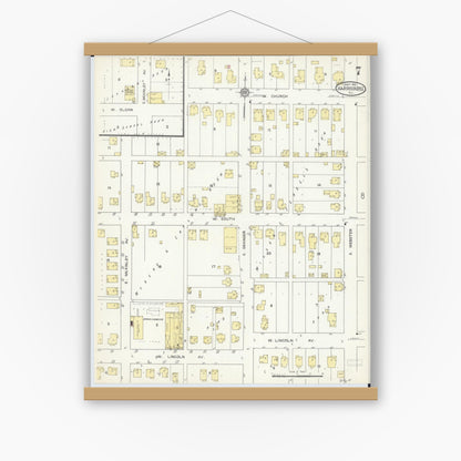 Old map wall art mockup — magnetic wood frame on white wall — Sanborn Fire Insurance Map from Harrisburg, Saline County, Illinois (1913), Sheet #0007