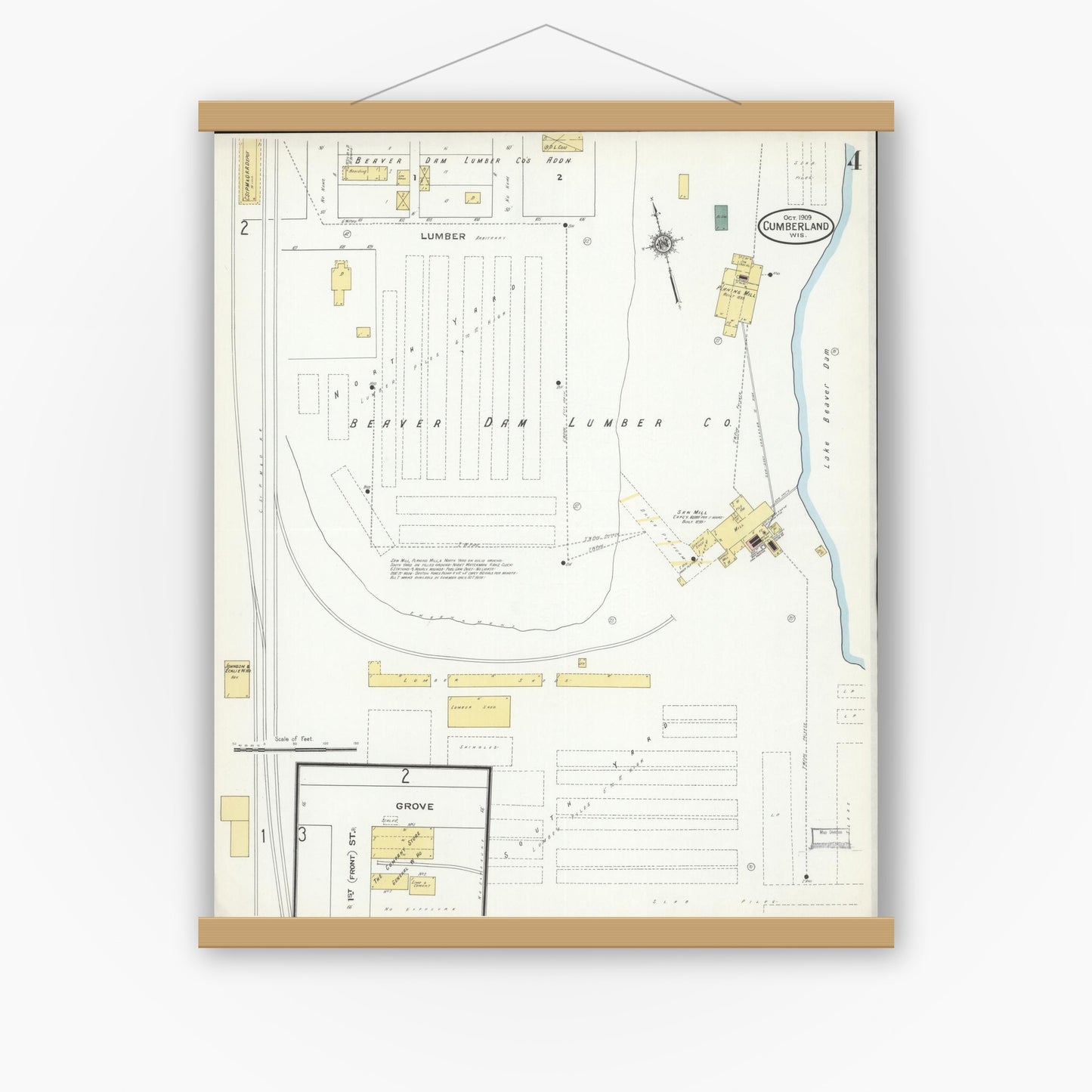 Old map wall art mockup — magnetic wood frame on white wall — Sanborn Fire Insurance Map from Cumberland, Barron County, Wisconsin (1909), Sheet #0004