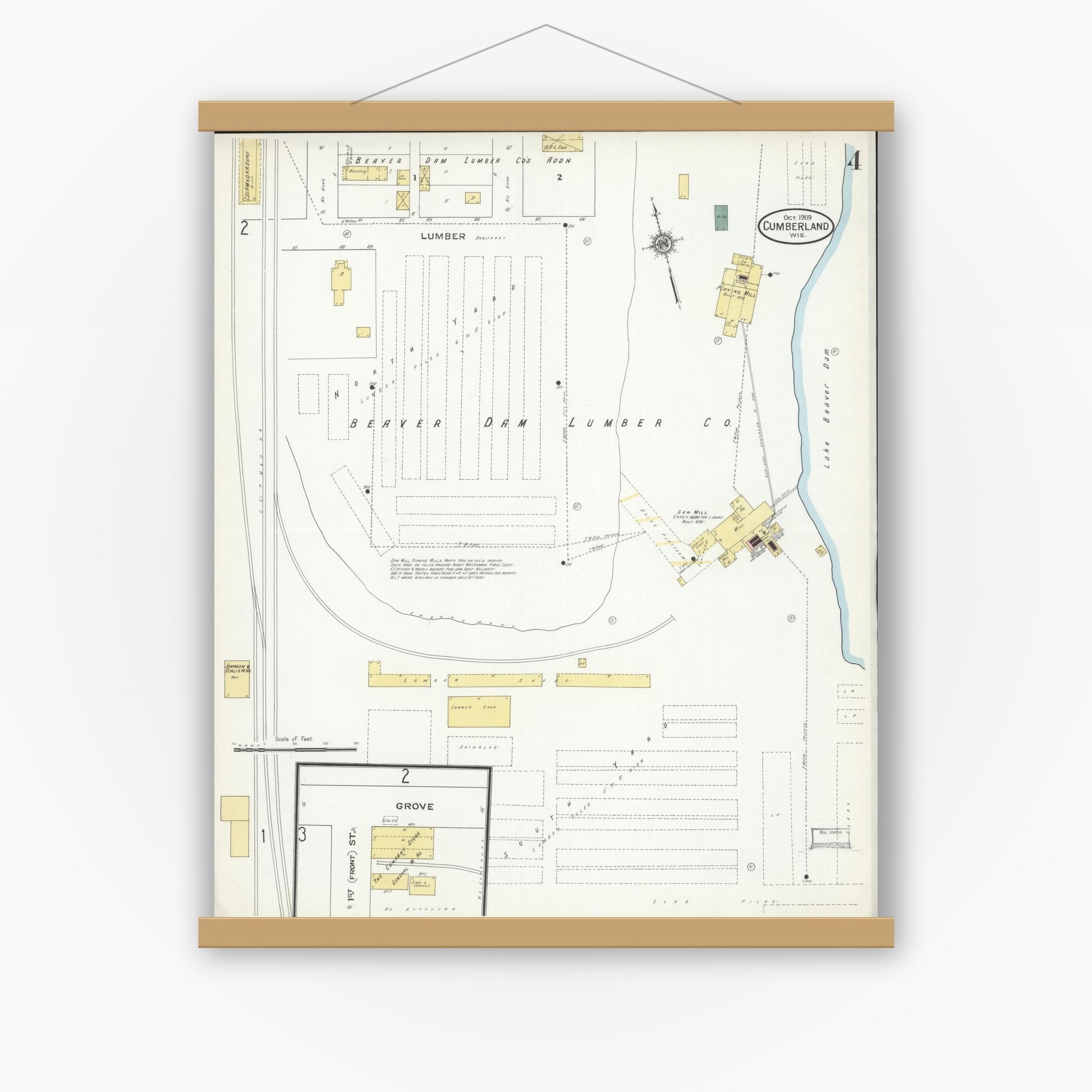 Old map wall art mockup — magnetic wood frame on white wall — Sanborn Fire Insurance Map from Cumberland, Barron County, Wisconsin (1909), Sheet #0004