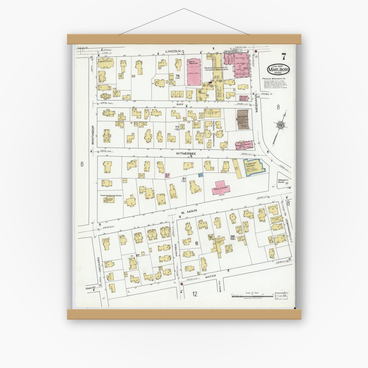 Old map wall art mockup — magnetic wood frame on white wall — Sanborn Fire Insurance Map from Marlborough, Middlesex County, Massachusetts (1920), Sheet #0007