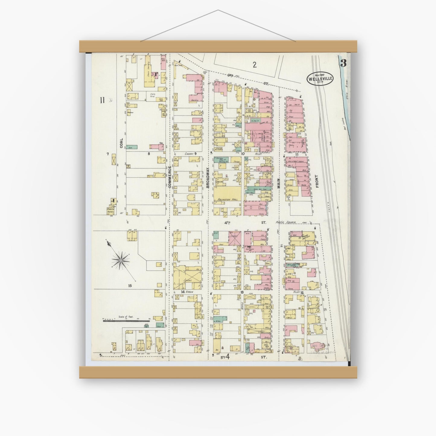 Old map wall art mockup — magnetic wood frame on white wall — Sanborn Fire Insurance Map from Wellsville, Columbiana County, Ohio (1897), Sheet #0003