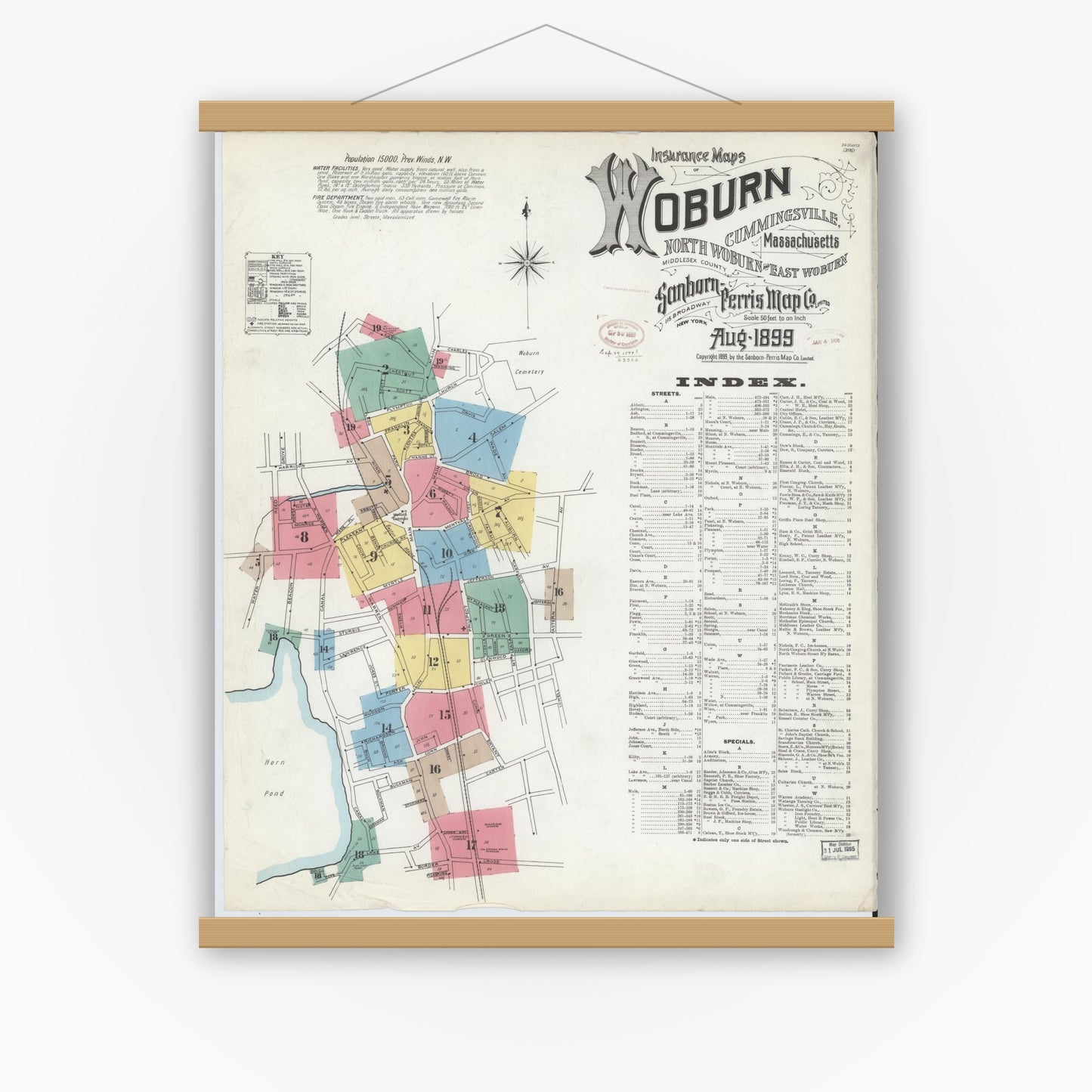 Old map wall art mockup — magnetic wood frame on white wall — Sanborn Fire Insurance Map from Woburn, Middlesex County, Massachusetts (1899) - Complete Map Set