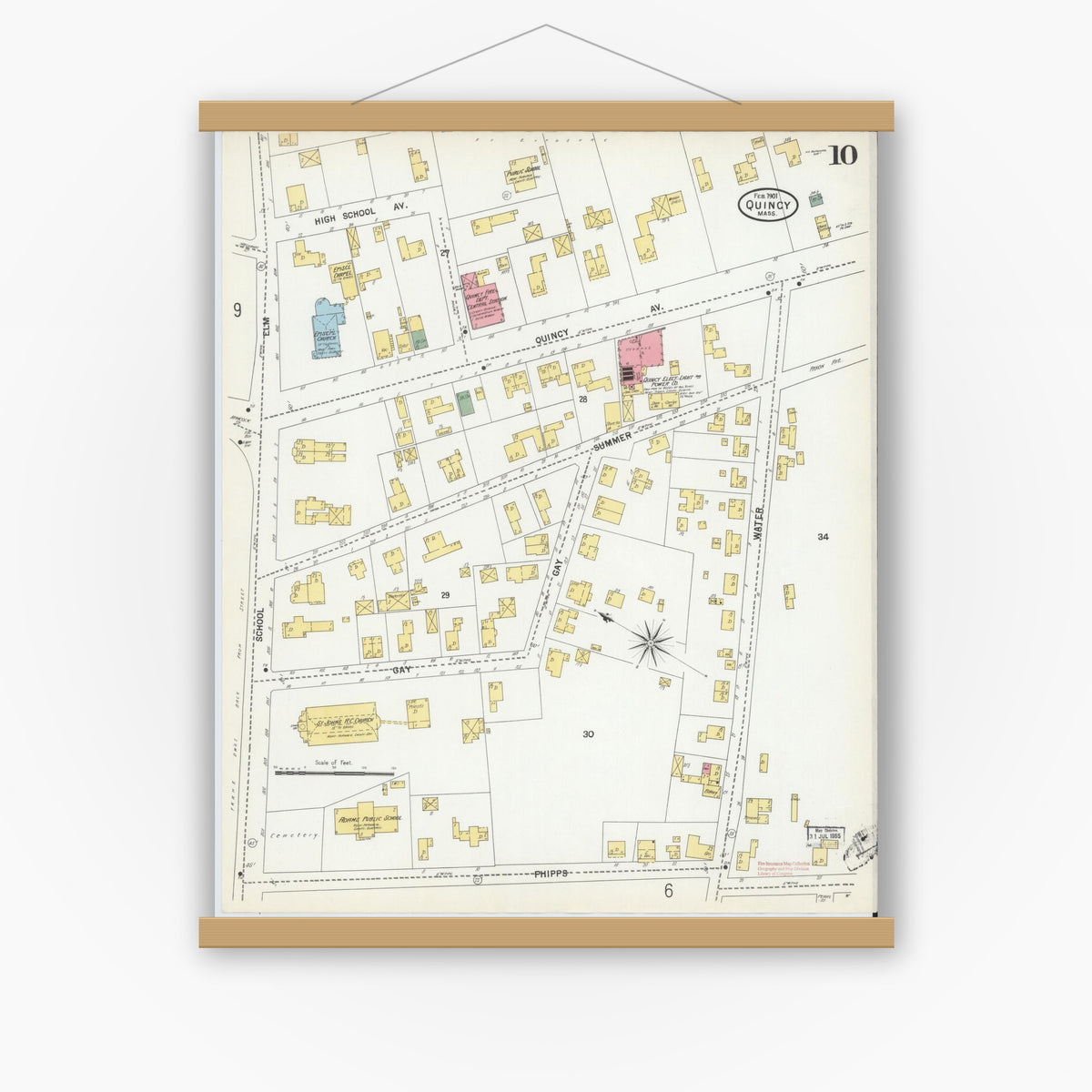 Old map wall art mockup — magnetic wood frame on white wall — Sanborn Fire Insurance Map from Quincy, Norfolk County, Massachusetts (1901), Sheet #0010