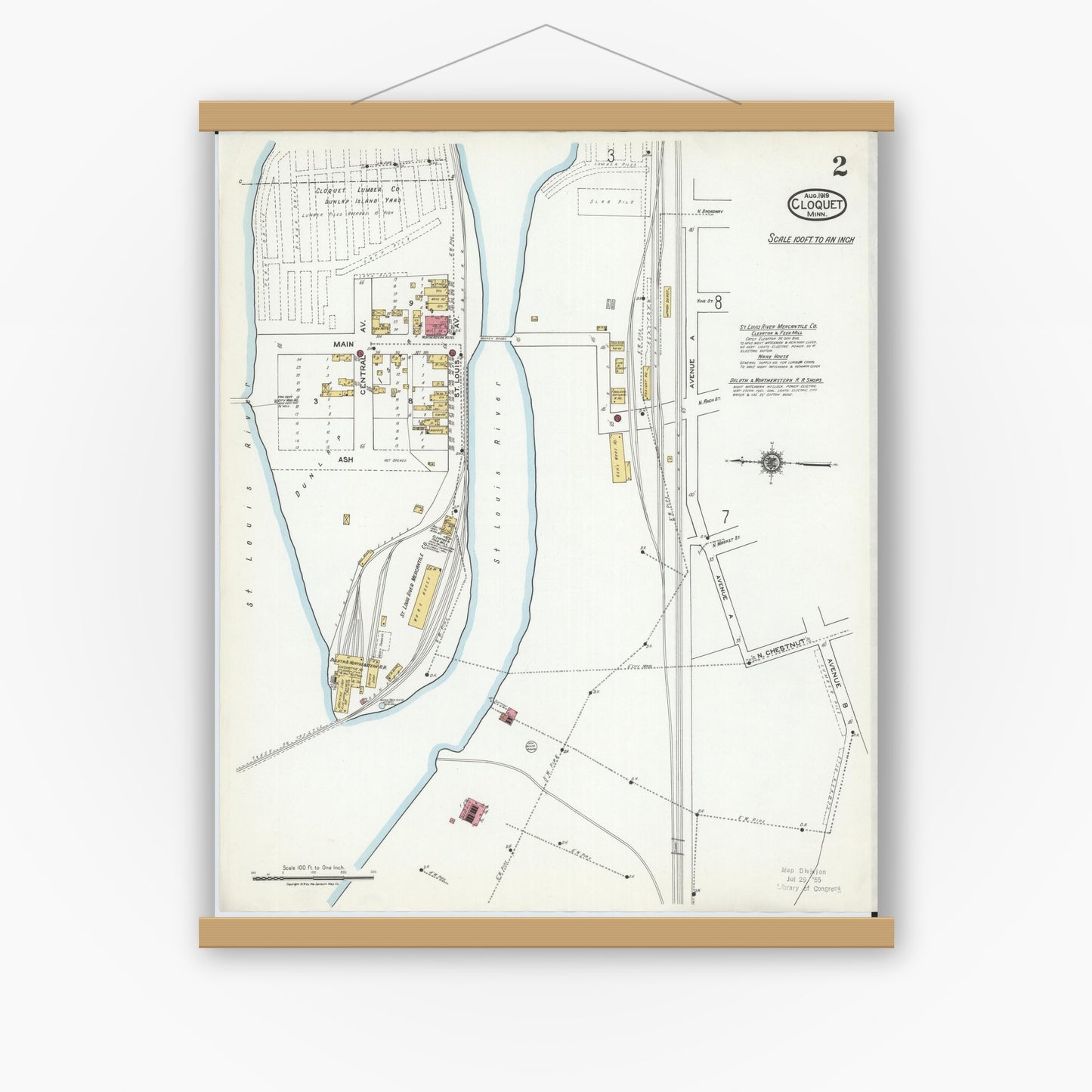 Old map wall art mockup — magnetic wood frame on white wall — Sanborn Fire Insurance Map from Cloquet, Carlton County, Minnesota (1919), Sheet #0002