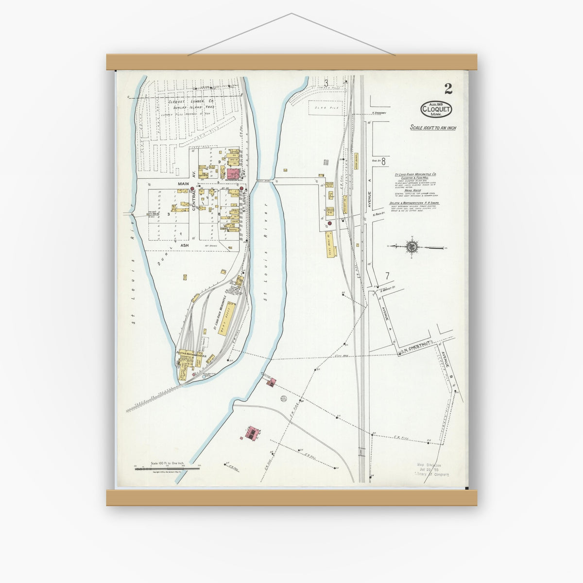 Old map wall art mockup — magnetic wood frame on white wall — Sanborn Fire Insurance Map from Cloquet, Carlton County, Minnesota (1919), Sheet #0002