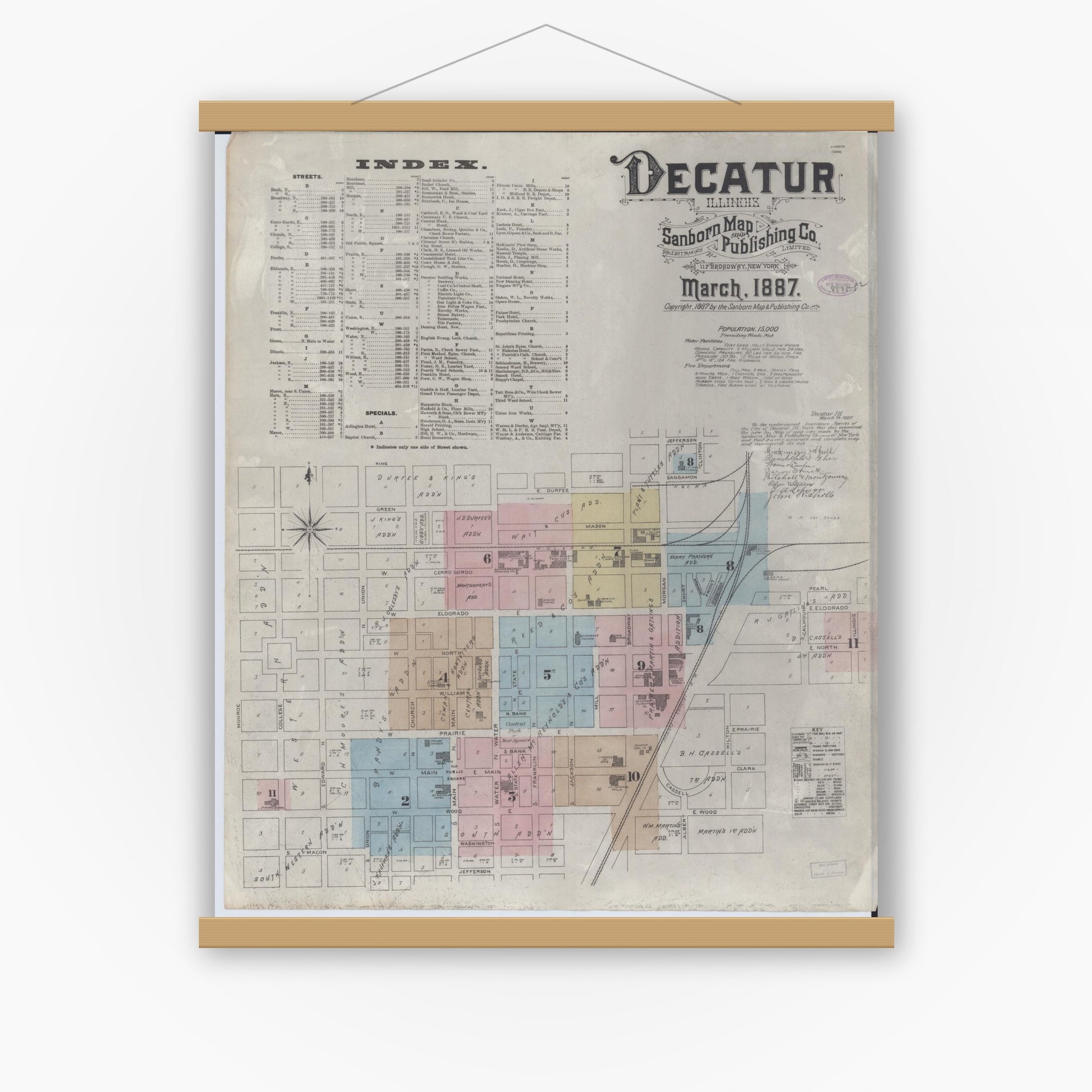 Old map wall art mockup — magnetic wood frame on white wall — Sanborn Fire Insurance Map from Decatur, Macon County, Illinois (1887) - Complete Map Set