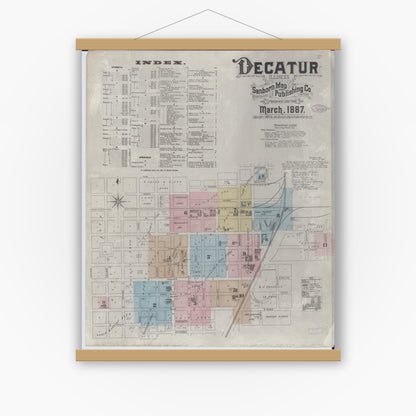 Old map wall art mockup — magnetic wood frame on white wall — Sanborn Fire Insurance Map from Decatur, Macon County, Illinois (1887) - Complete Map Set