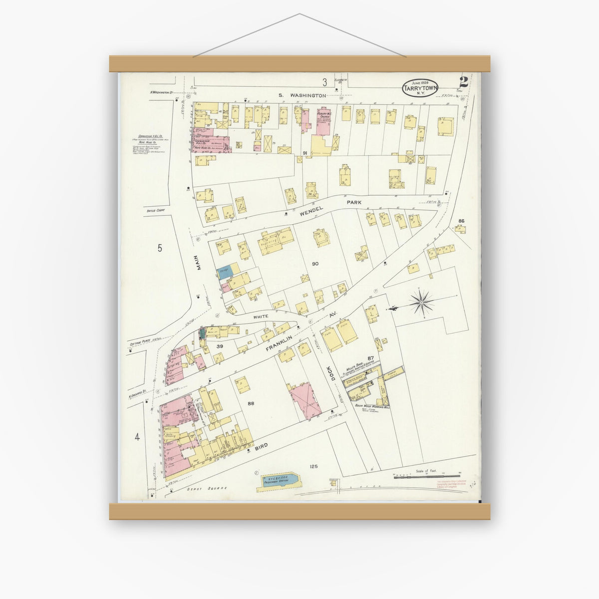 Old map wall art mockup — magnetic wood frame on white wall — Sanborn Fire Insurance Map from Tarrytown, Westchester County, New York (1909), Sheet #0002