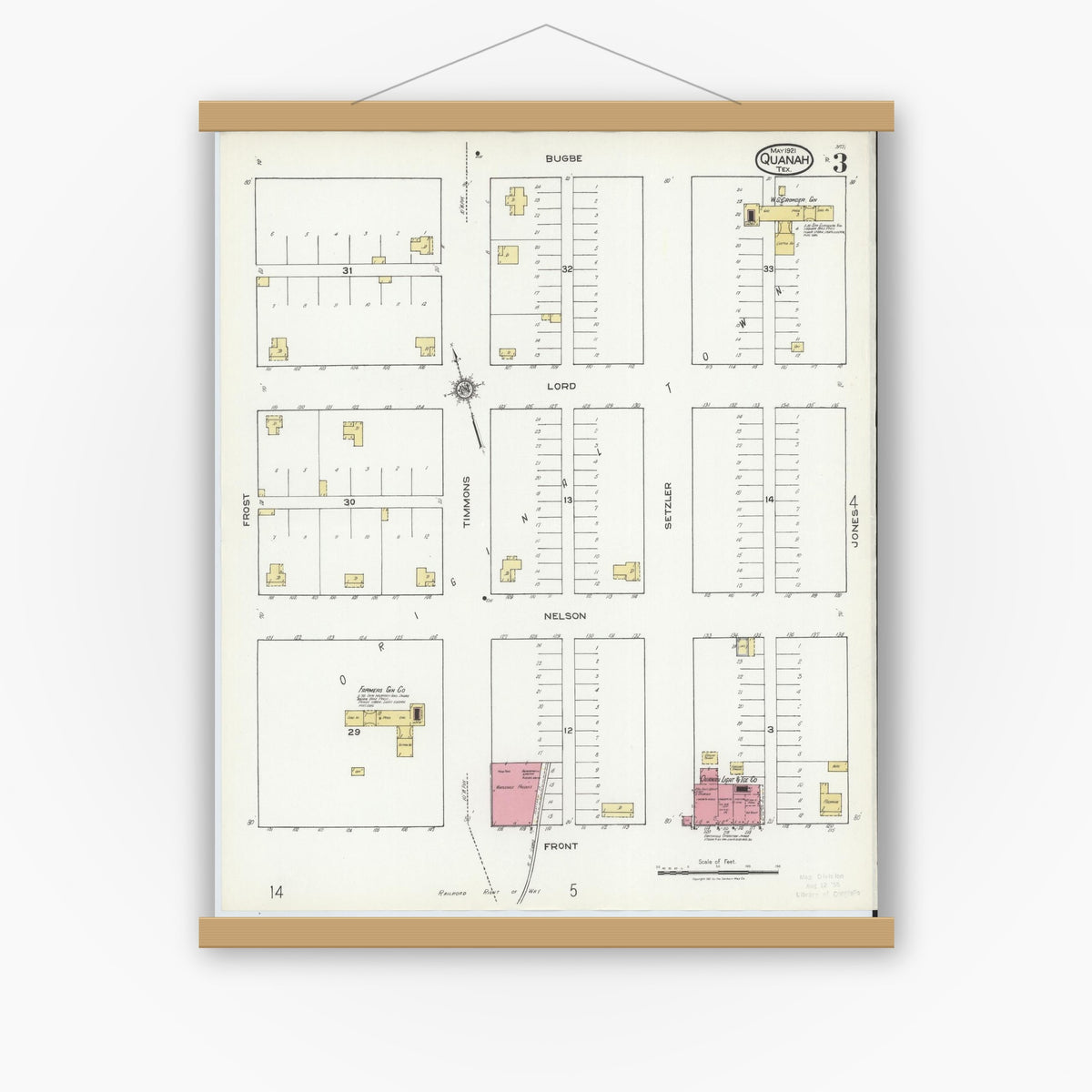 Old map wall art mockup — magnetic wood frame on white wall — Sanborn Fire Insurance Map from Quanah, Hardeman County, Texas (1921), Sheet #0003