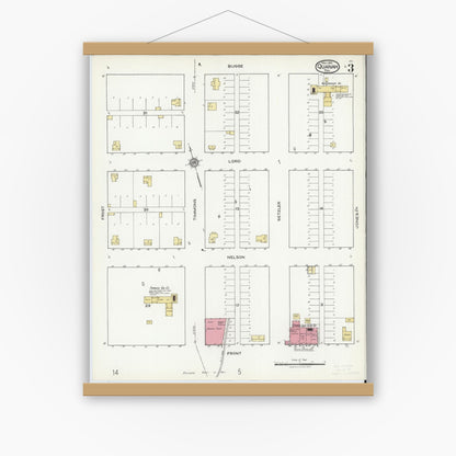 Old map wall art mockup — magnetic wood frame on white wall — Sanborn Fire Insurance Map from Quanah, Hardeman County, Texas (1921), Sheet #0003