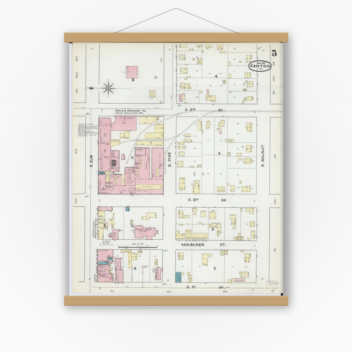 Old map wall art mockup — magnetic wood frame on white wall — Sanborn Fire Insurance Map from Canton, Fulton County, Illinois (1891), Sheet #0005