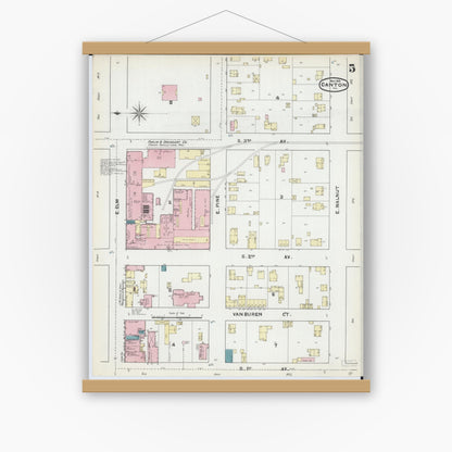 Old map wall art mockup — magnetic wood frame on white wall — Sanborn Fire Insurance Map from Canton, Fulton County, Illinois (1891), Sheet #0005