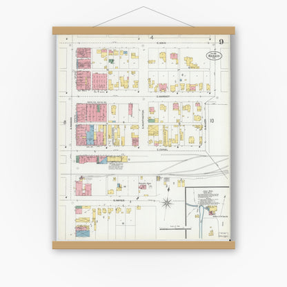 Old map wall art mockup — magnetic wood frame on white wall — Sanborn Fire Insurance Map from Wabash, Wabash County, Indiana (1901), Sheet #0009