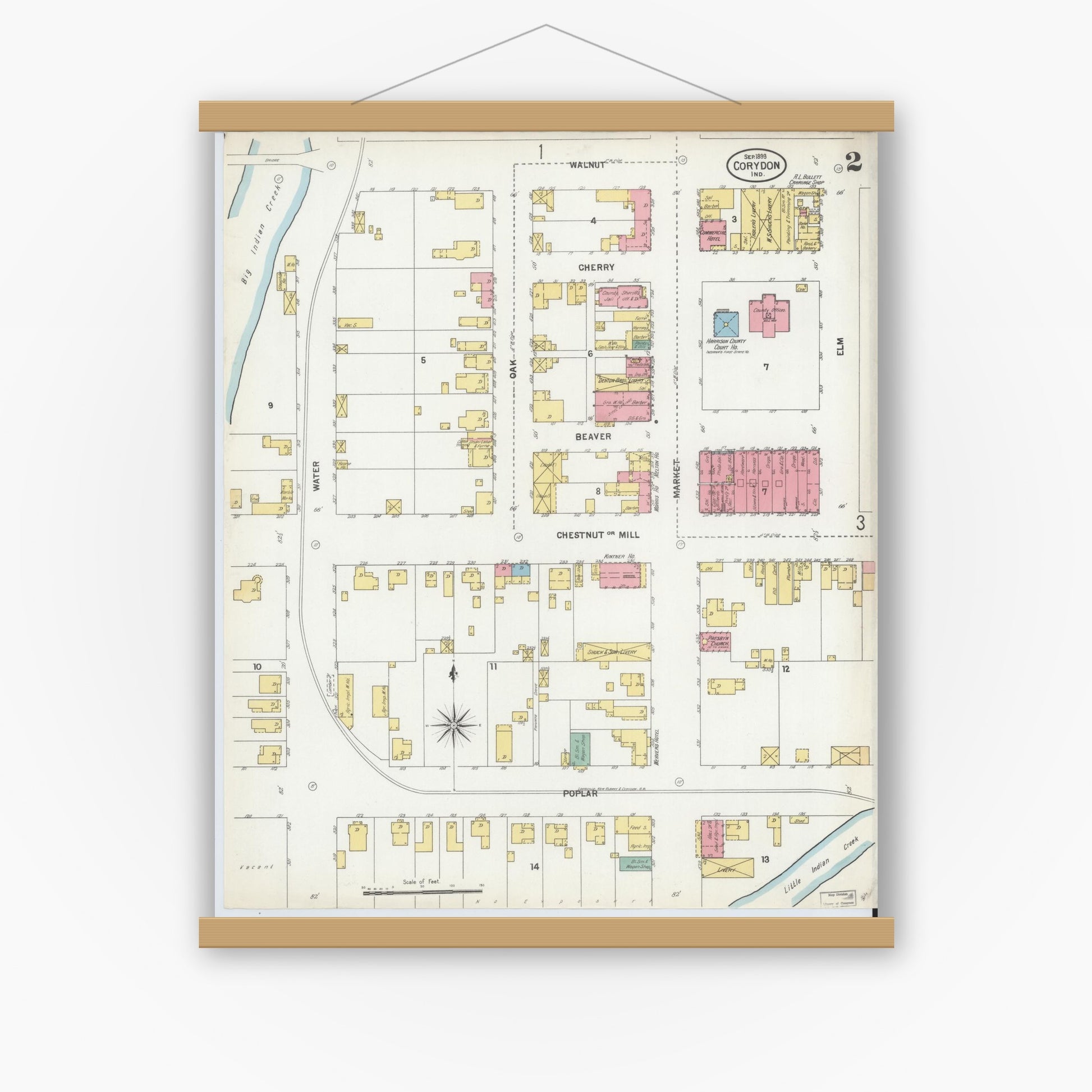 Old map wall art mockup — magnetic wood frame on white wall — Sanborn Fire Insurance Map from Corydon, Harrison County, Indiana (1899), Sheet #0002