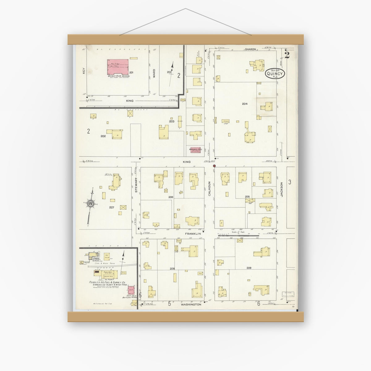 Old map wall art mockup — magnetic wood frame on white wall — Sanborn Fire Insurance Map from Quincy, Gadsden County, Florida (1913), Sheet #0002