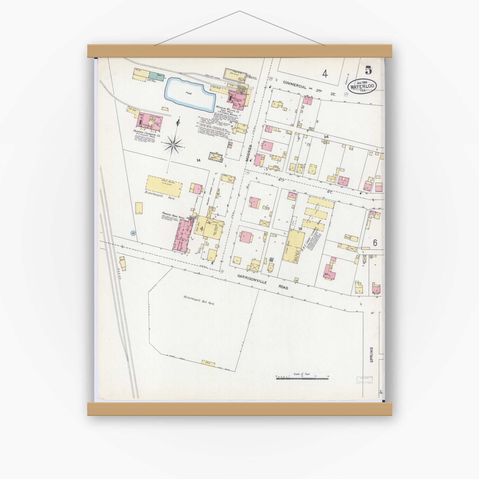 Old map wall art mockup — magnetic wood frame on white wall — Sanborn Fire Insurance Map from Waterloo, Monroe County, Illinois (1906), Sheet #0005