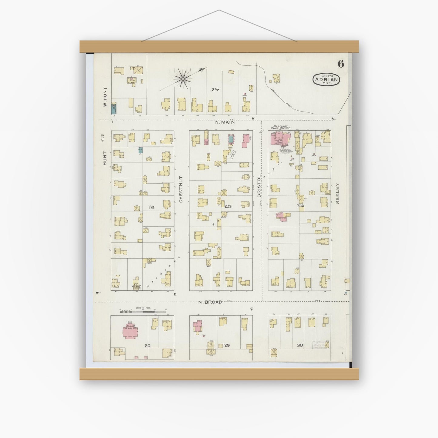 Old map wall art mockup — magnetic wood frame on white wall — Sanborn Fire Insurance Map from Adrian, Lenawee County, Michigan (1893), Sheet #0006