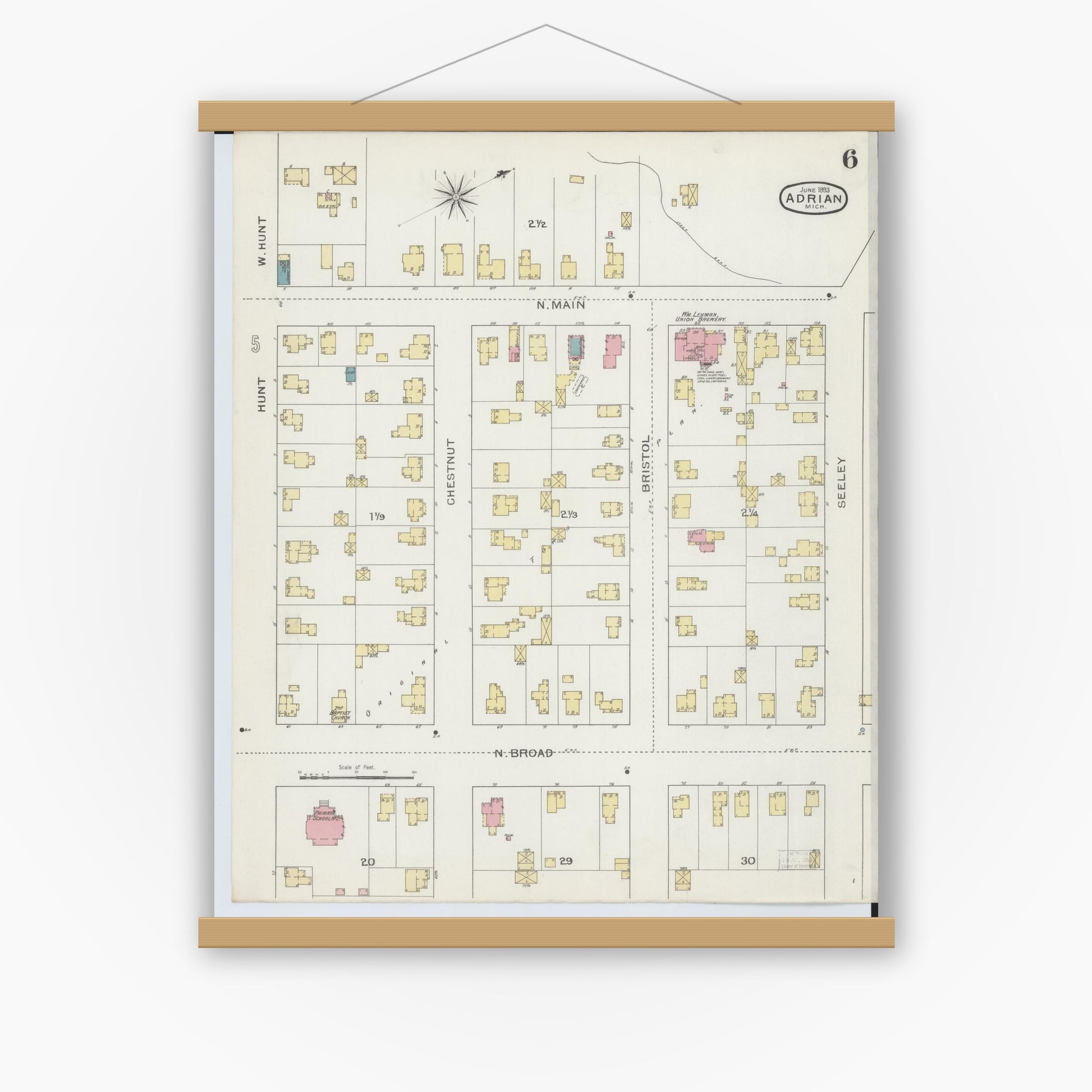 Old map wall art mockup — magnetic wood frame on white wall — Sanborn Fire Insurance Map from Adrian, Lenawee County, Michigan (1893), Sheet #0006