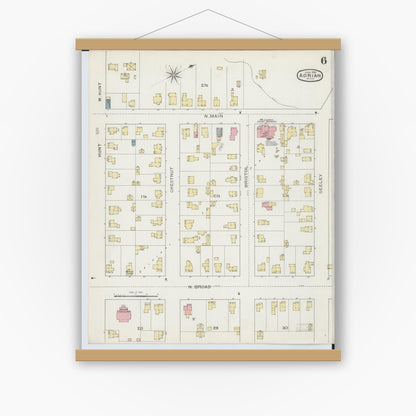 Old map wall art mockup — magnetic wood frame on white wall — Sanborn Fire Insurance Map from Adrian, Lenawee County, Michigan (1893), Sheet #0006