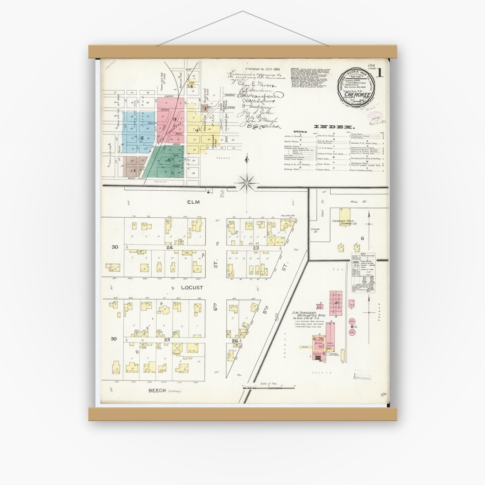 Old map wall art mockup — magnetic wood frame on white wall — Sanborn Fire Insurance Map from Cherokee, Cherokee County, Iowa (1893), Sheet #0001
