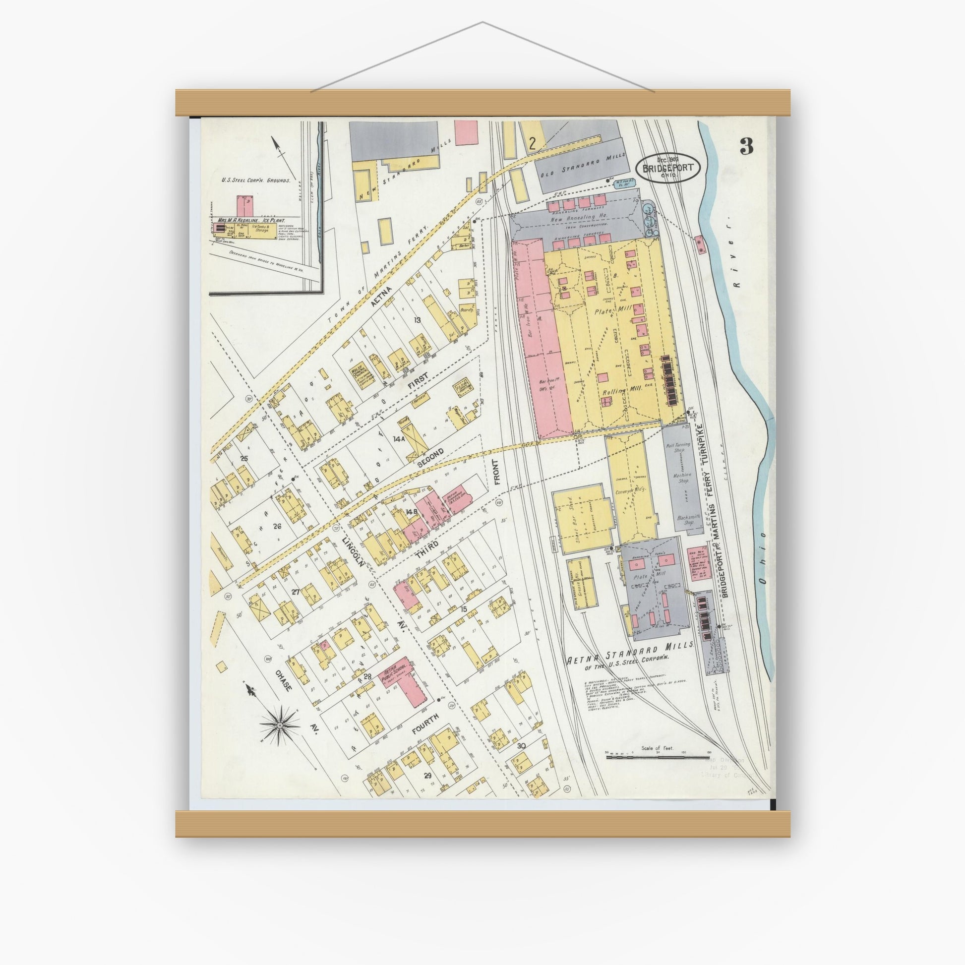 Old map wall art mockup — magnetic wood frame on white wall — Sanborn Fire Insurance Map from Bridgeport, Belmont County, Ohio (1903), Sheet #0003