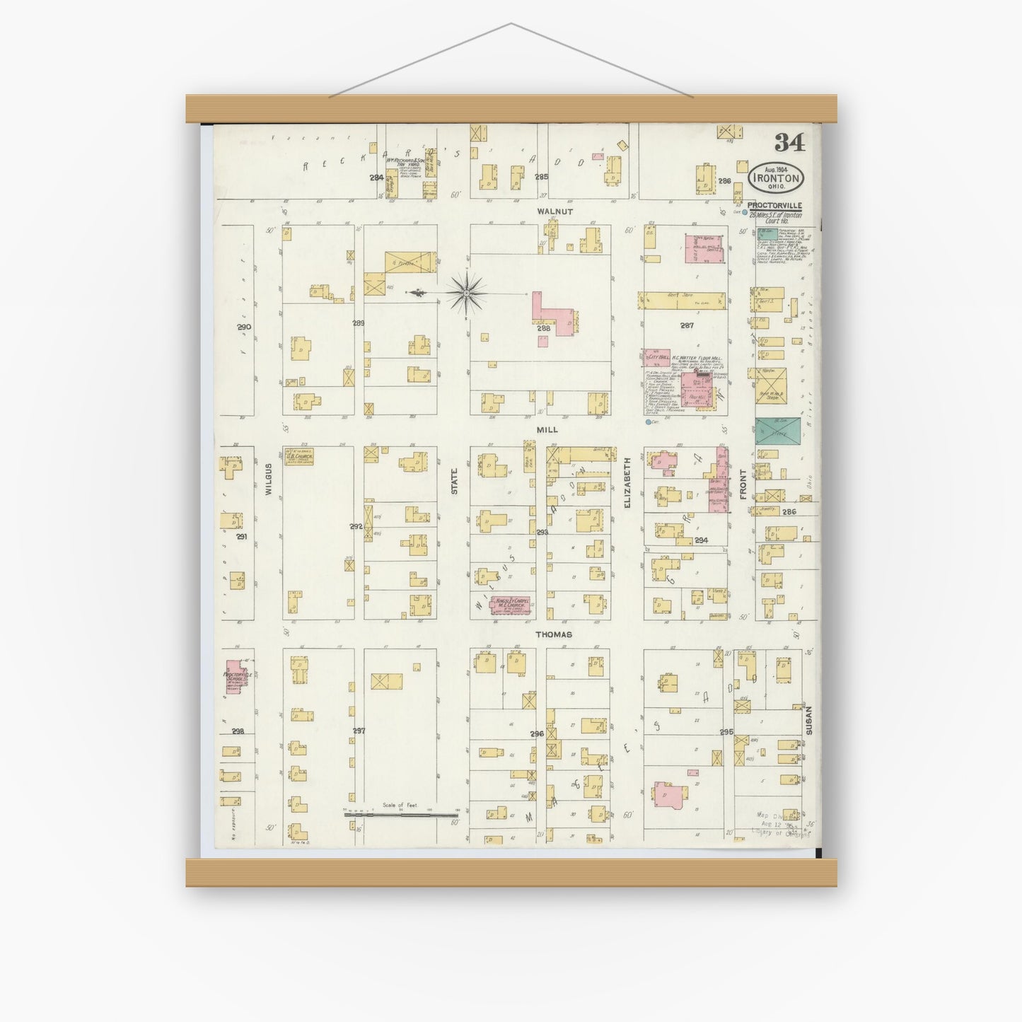 Old map wall art mockup — magnetic wood frame on white wall — Sanborn Fire Insurance Map from Ironton, Lawrence County, Ohio (1904), Sheet #0034