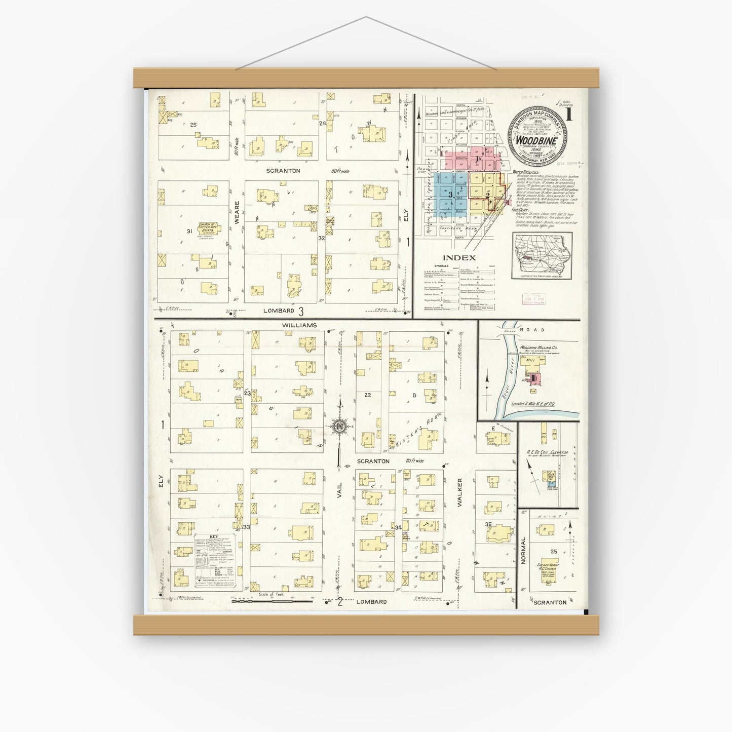 Old map wall art mockup — magnetic wood frame on white wall — Sanborn Fire Insurance Map from Woodbine, Harrison County, Iowa (1913), Sheet #0001